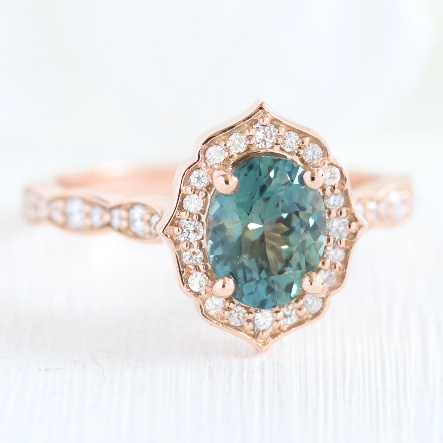 Teal Sapphire Ring Rose Gold Vintage Floral Diamond Engagement Ring La More Design Jewelry
