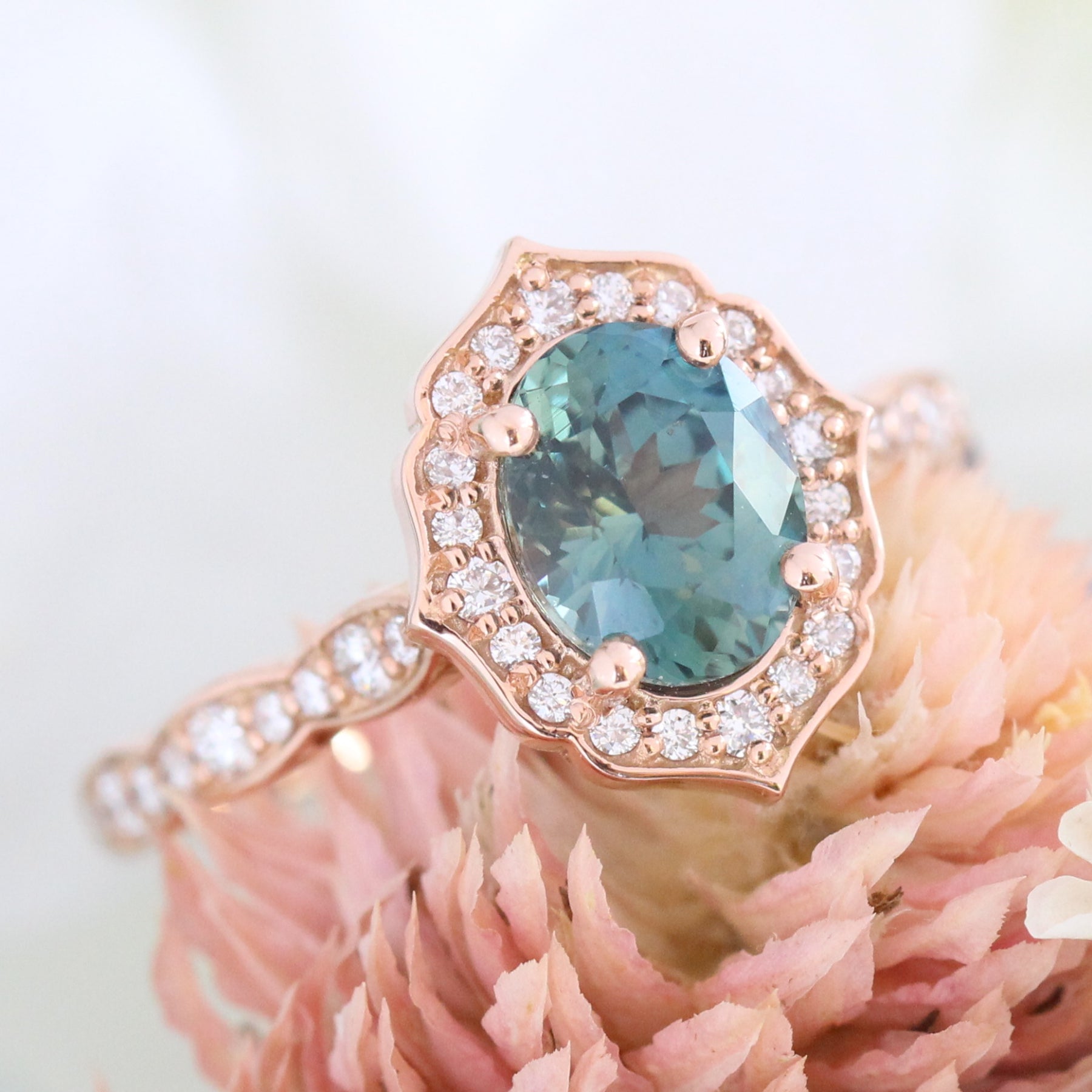 Teal Sapphire Ring Rose Gold Vintage Floral Diamond Engagement Ring La More Design Jewelry