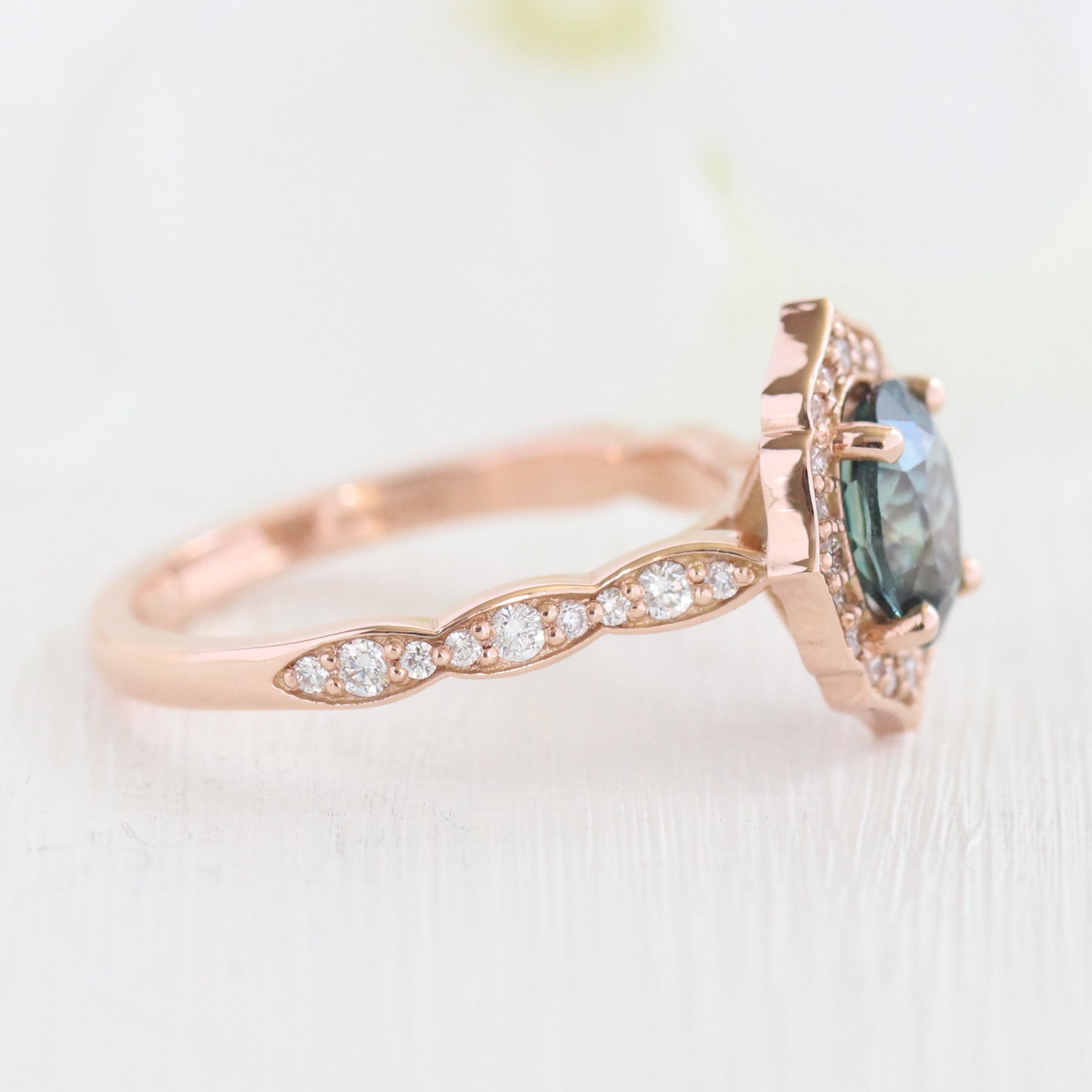 Teal Sapphire Ring Rose Gold Vintage Floral Diamond Engagement Ring La More Design Jewelry