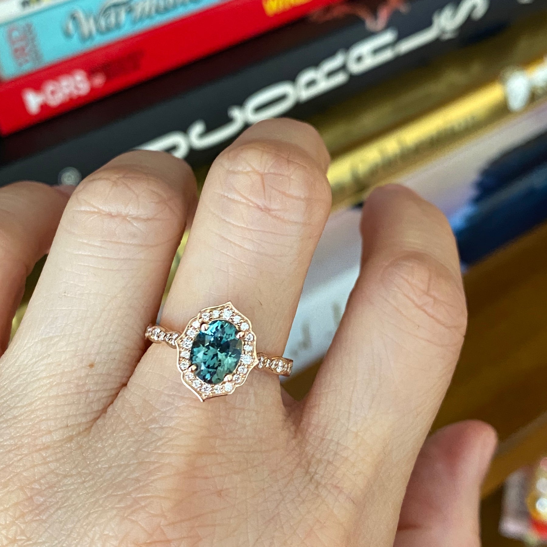 Teal Sapphire Ring Rose Gold Vintage Floral Diamond Engagement Ring La More Design Jewelry