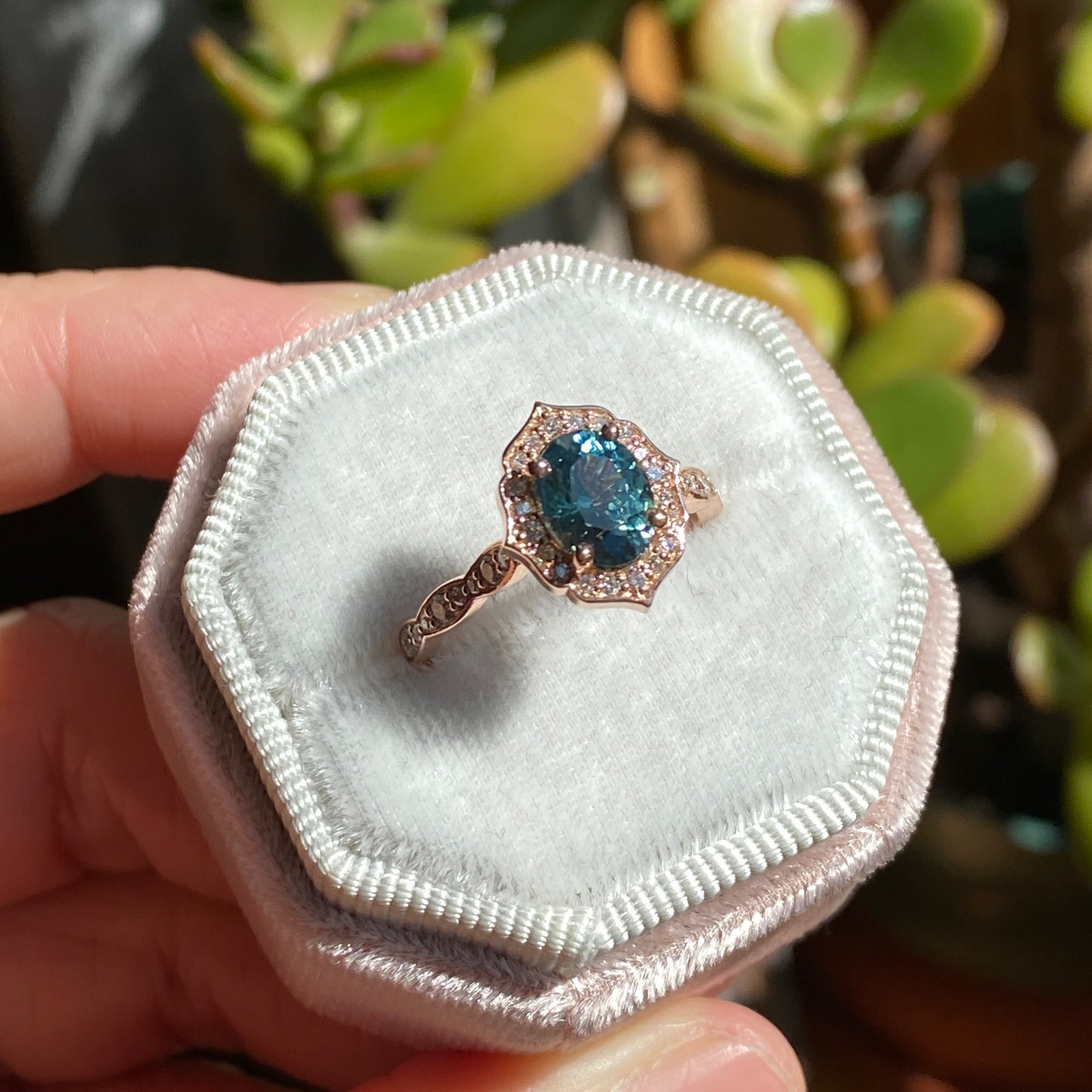 Teal Sapphire Ring Rose Gold Vintage Floral Diamond Engagement Ring La More Design Jewelry