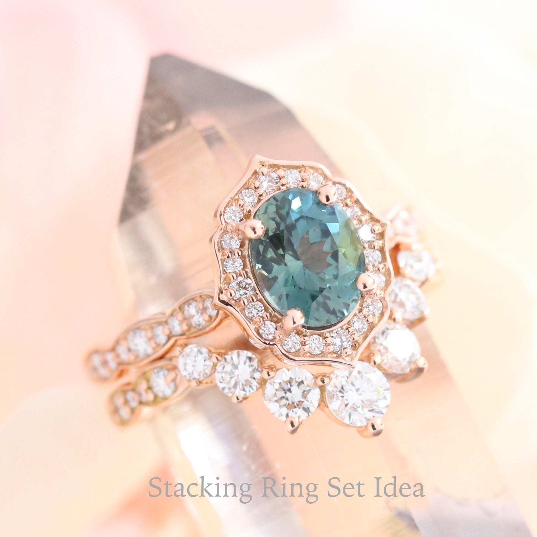 Teal Sapphire Ring Rose Gold Vintage Floral Diamond Engagement Ring La More Design Jewelry