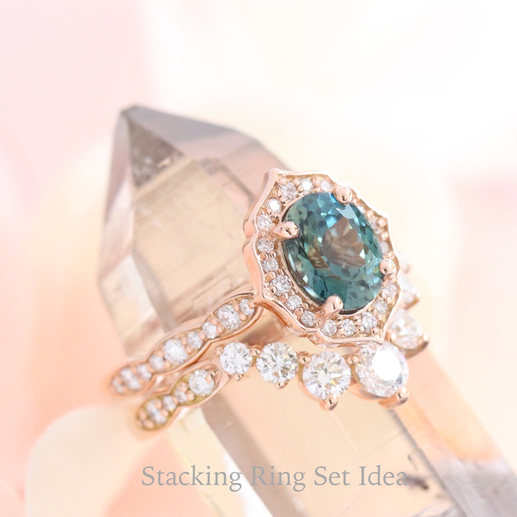 Teal Sapphire Ring Rose Gold Vintage Floral Diamond Engagement Ring La More Design Jewelry