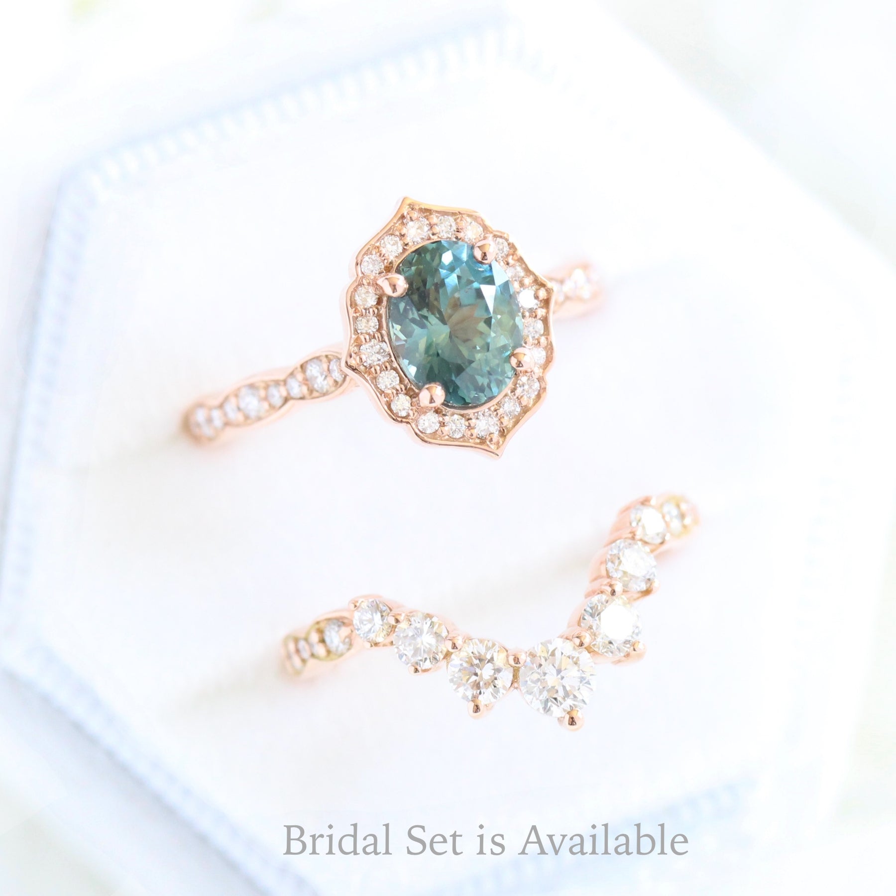 Teal Sapphire Ring Rose Gold Vintage Floral Diamond Engagement Ring La More Design Jewelry