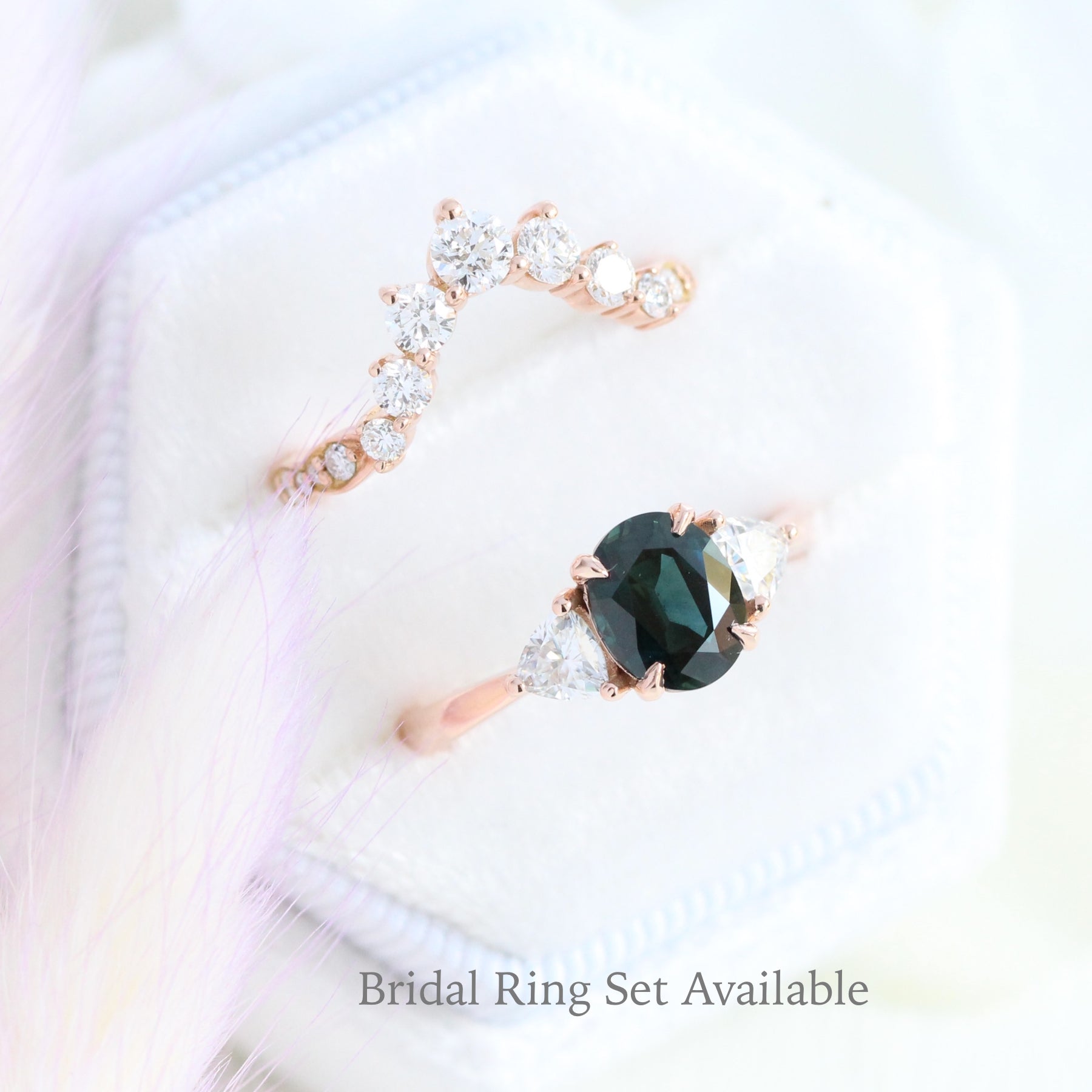 Teal green sapphire engagement ring rose gold low profile 3 stone ring la more design jewelry