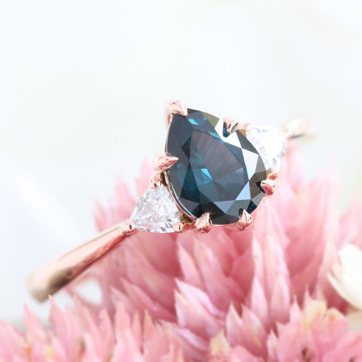 Teal green sapphire engagement ring rose gold per cut 3 stone ring la more design jewelry