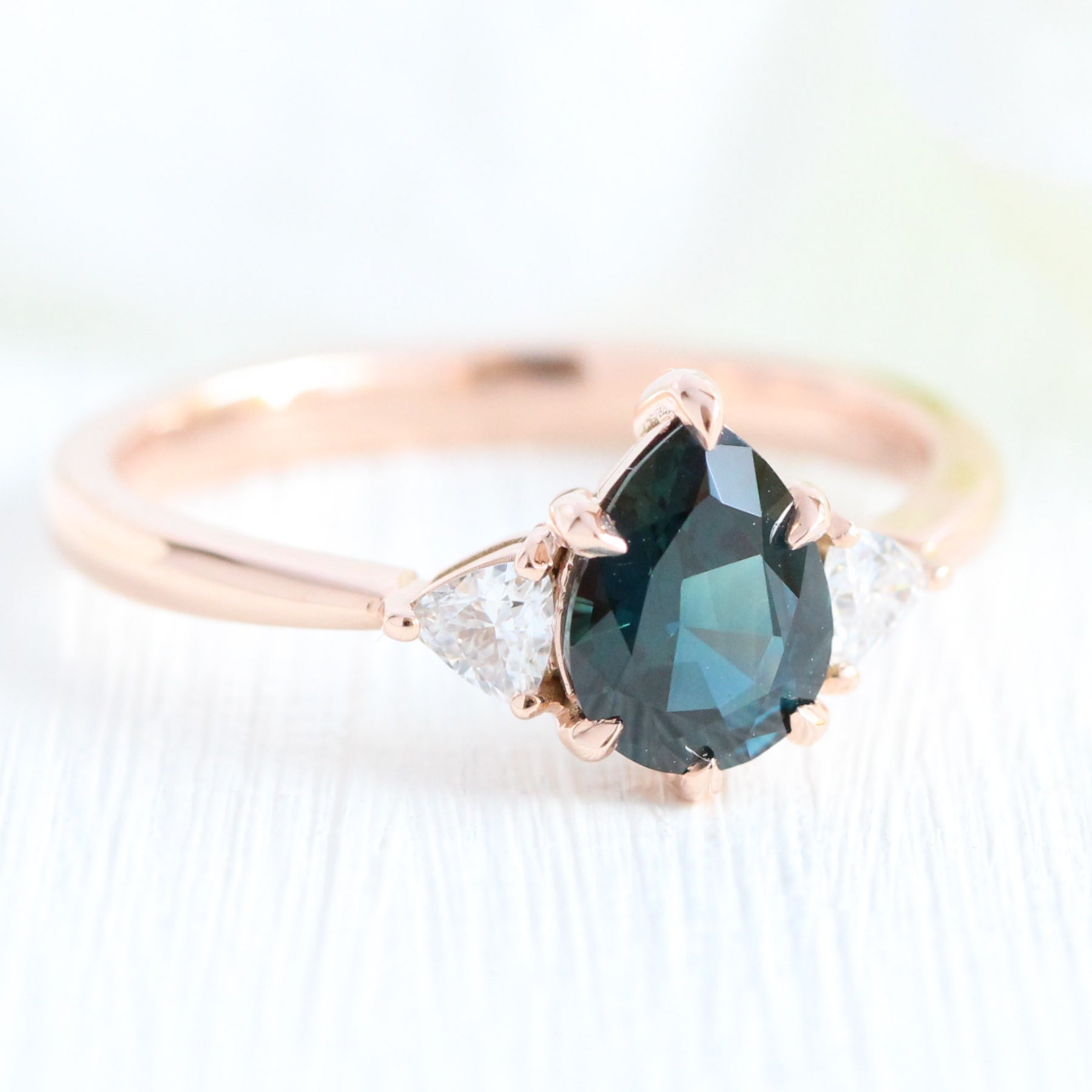 Teal green sapphire engagement ring rose gold per cut 3 stone ring la more design jewelry