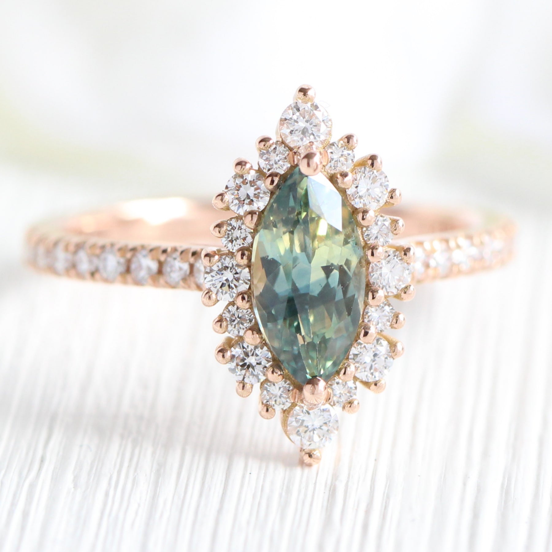 Teal green sapphire ring rose gold halo diamond marquise engagement ring la more design jewelry