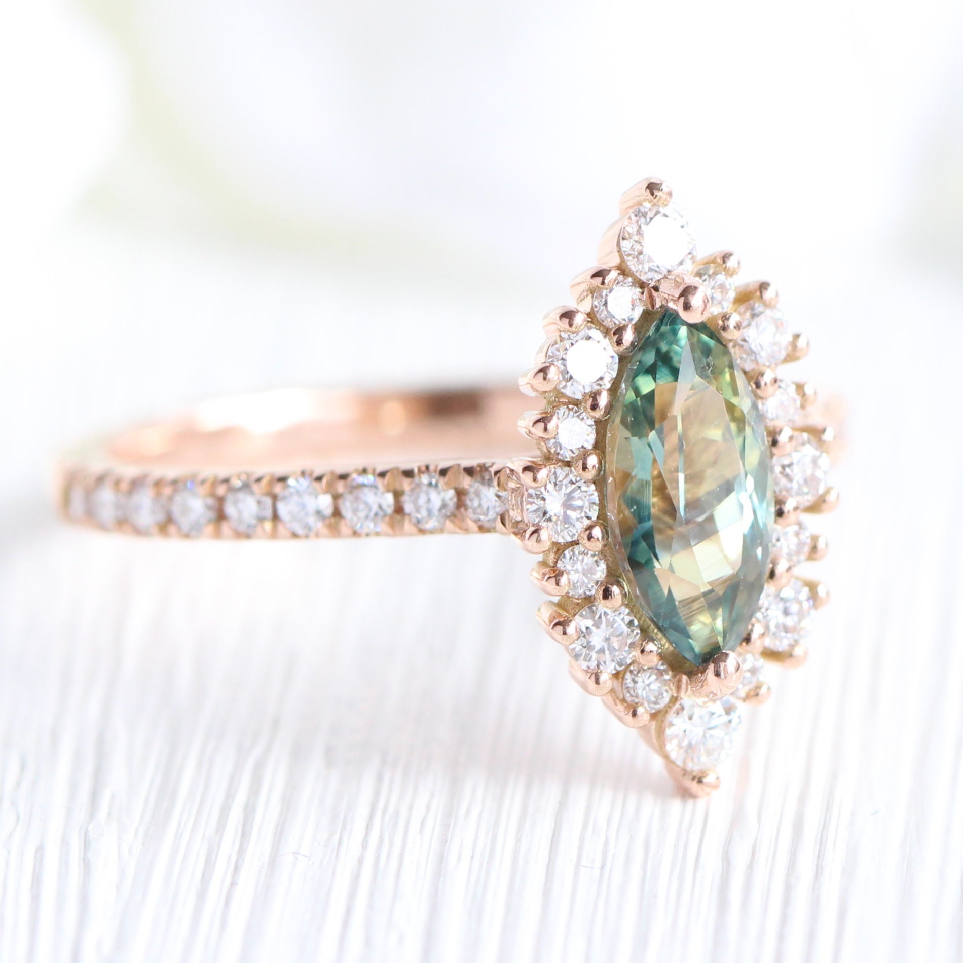 Teal green sapphire ring rose gold halo diamond marquise engagement ring la more design jewelry