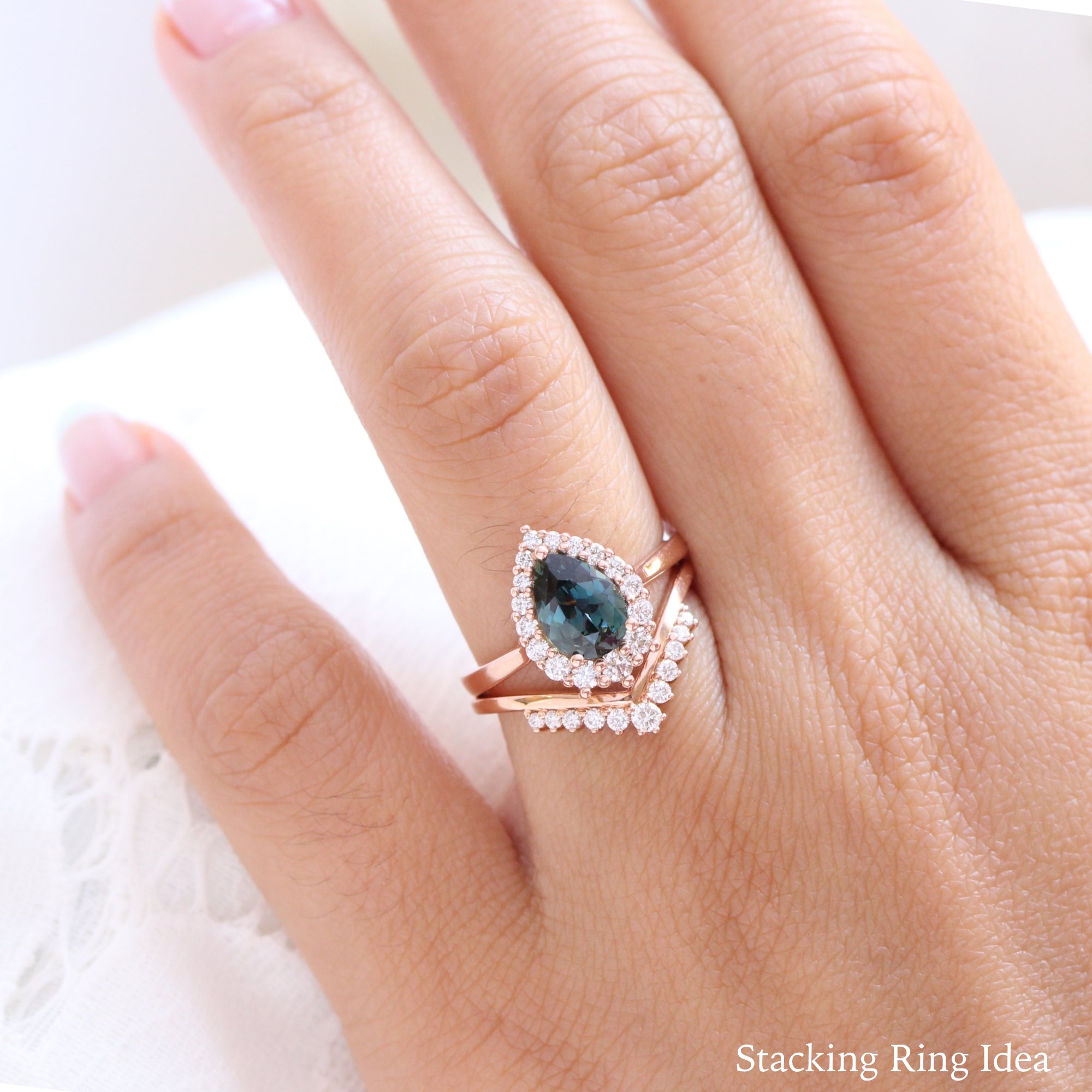 Teal green sapphire ring rose gold halo diamond pear engagement ring la more design jewelry