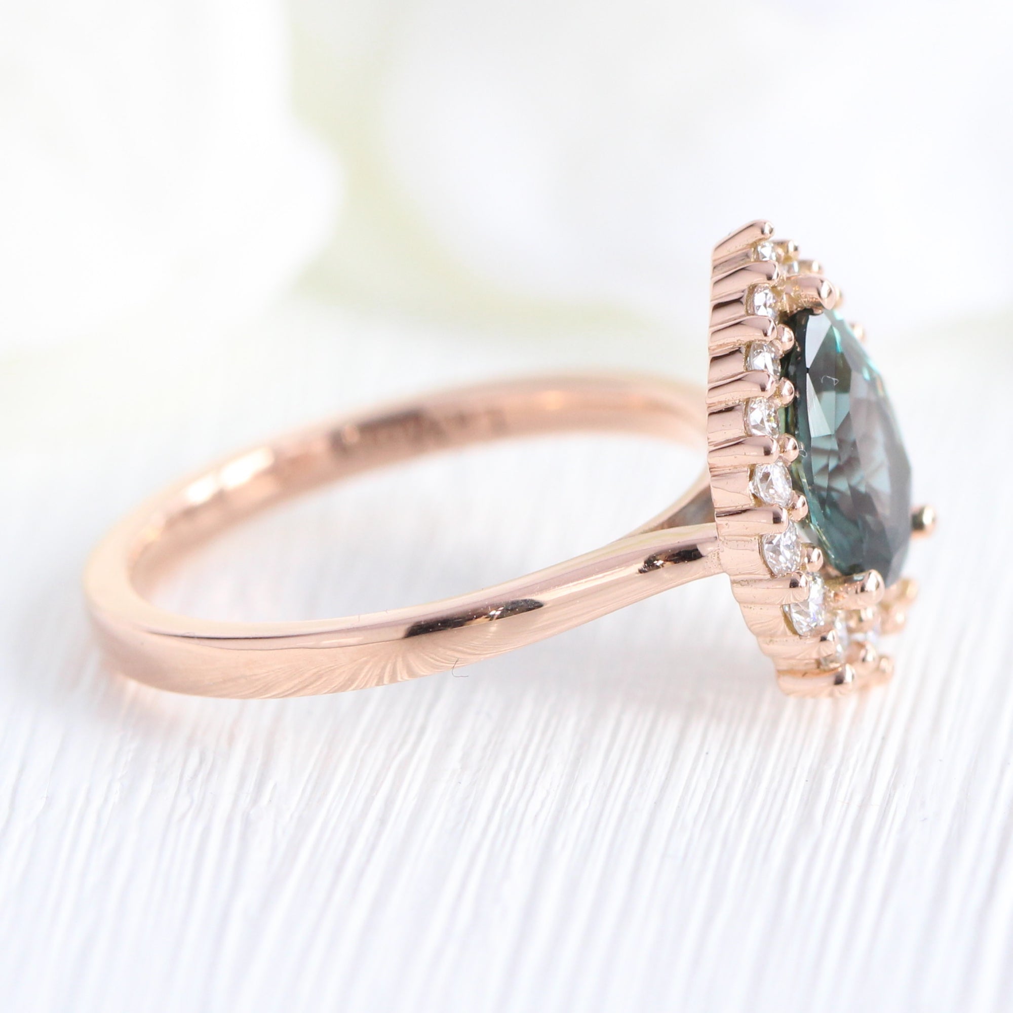 Teal green sapphire ring rose gold halo diamond pear engagement ring la more design jewelry