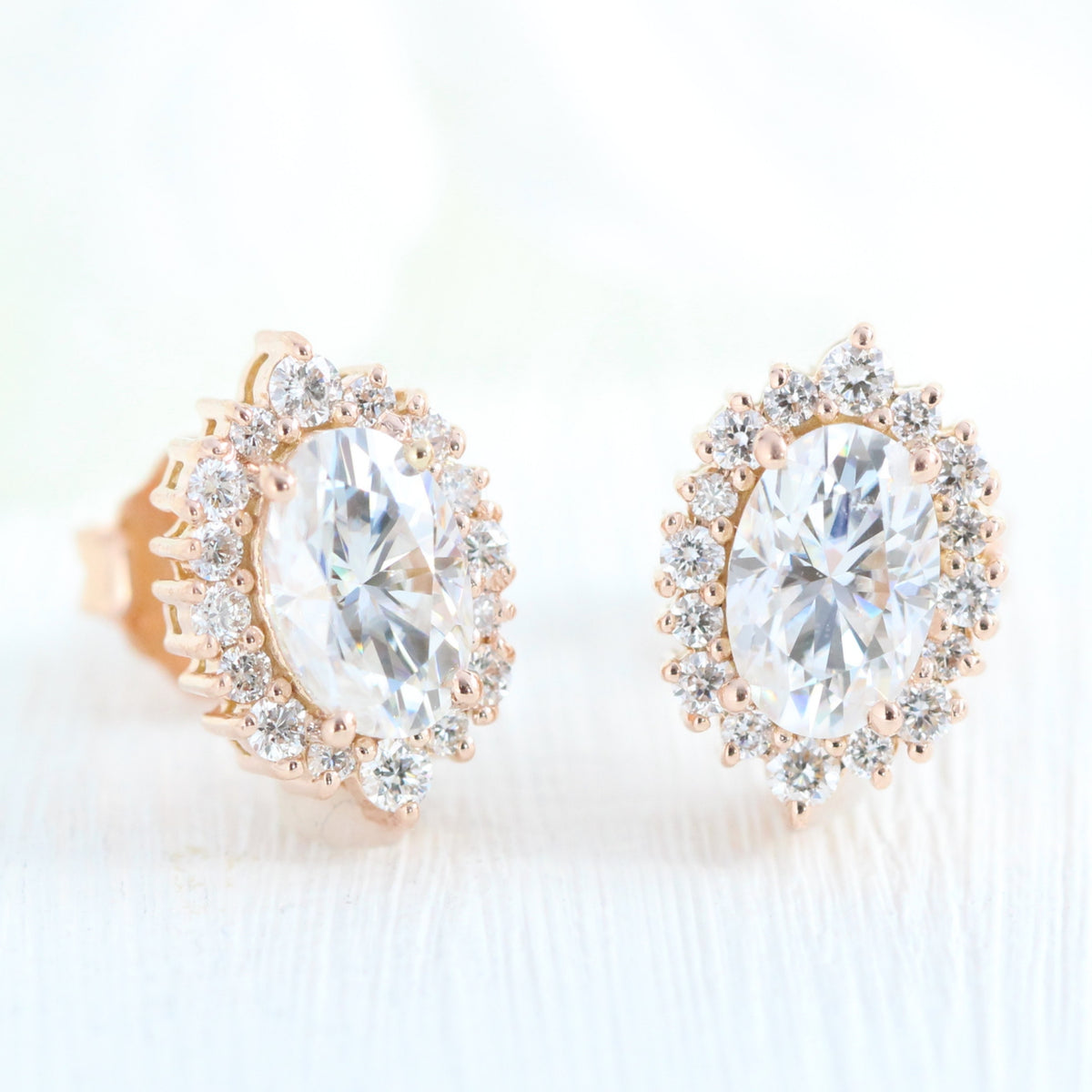 Tiara halo diamond oval moissanite earrings rose gold diamond studs la more design jewelry