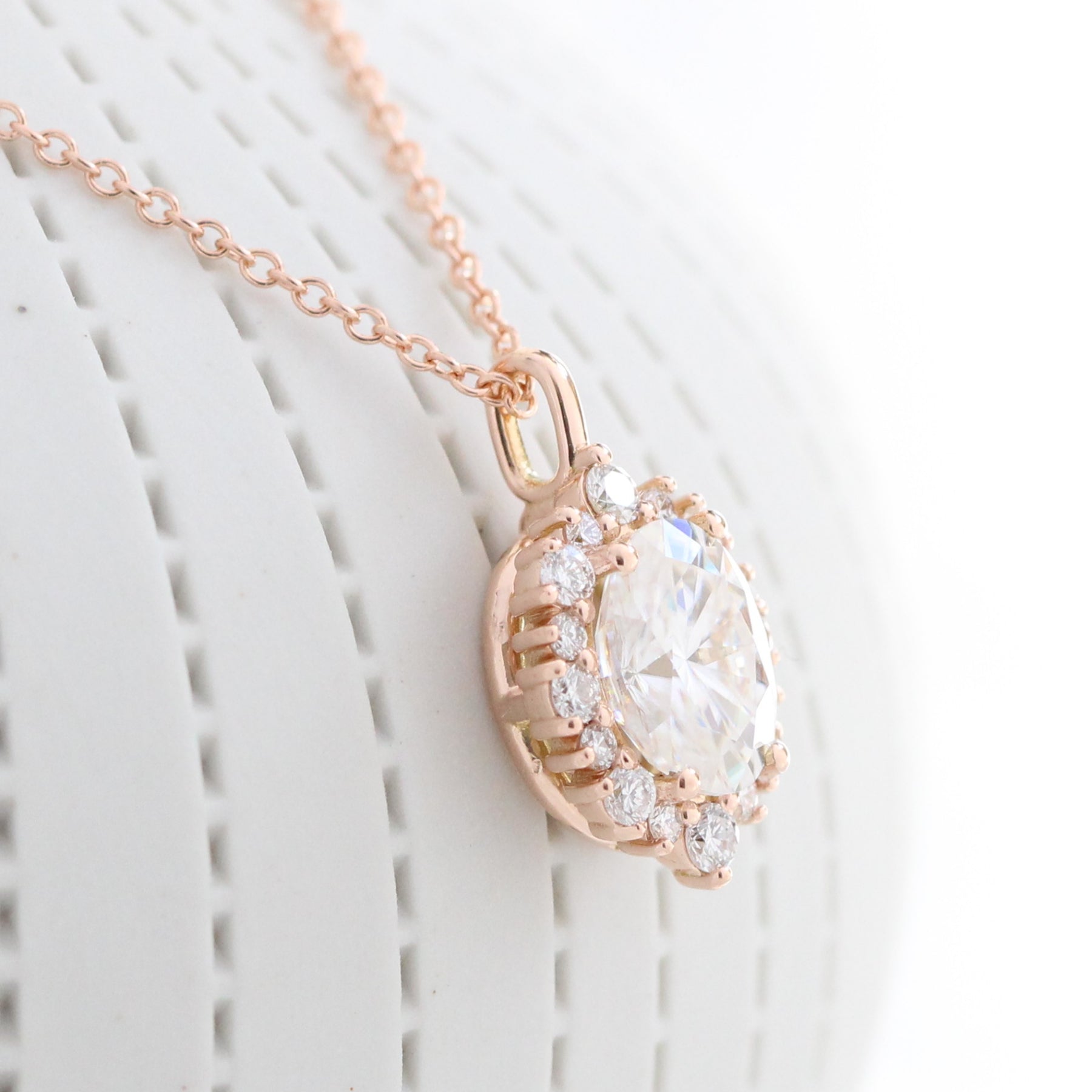 Tiara halo diamond oval moissanite pendant rose gold drop necklace la more design jewelry