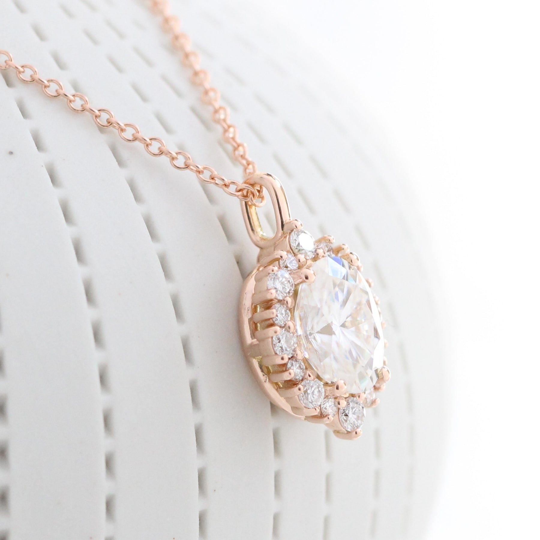 Halo Diamond Necklace Rose Gold Oval Moissanite Pendant Layering Chain 14K White Gold - Made to Order