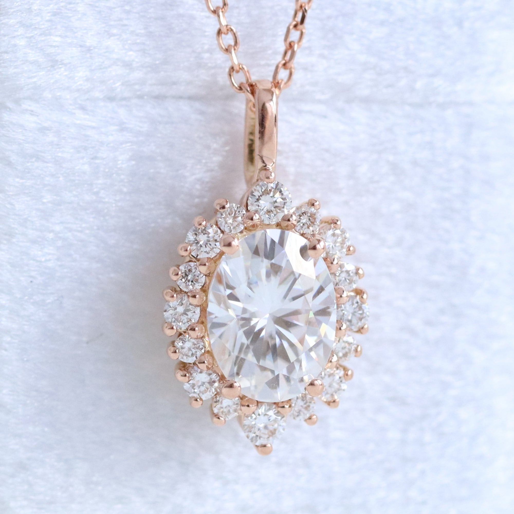 Tiara halo diamond oval moissanite pendant rose gold drop necklace la more design jewelry