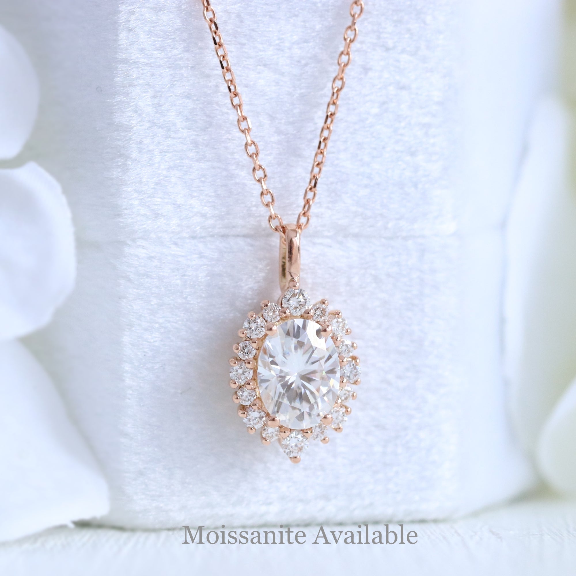 Oval Black Diamond Necklace Rose Gold Halo Diamond Pendant Chain