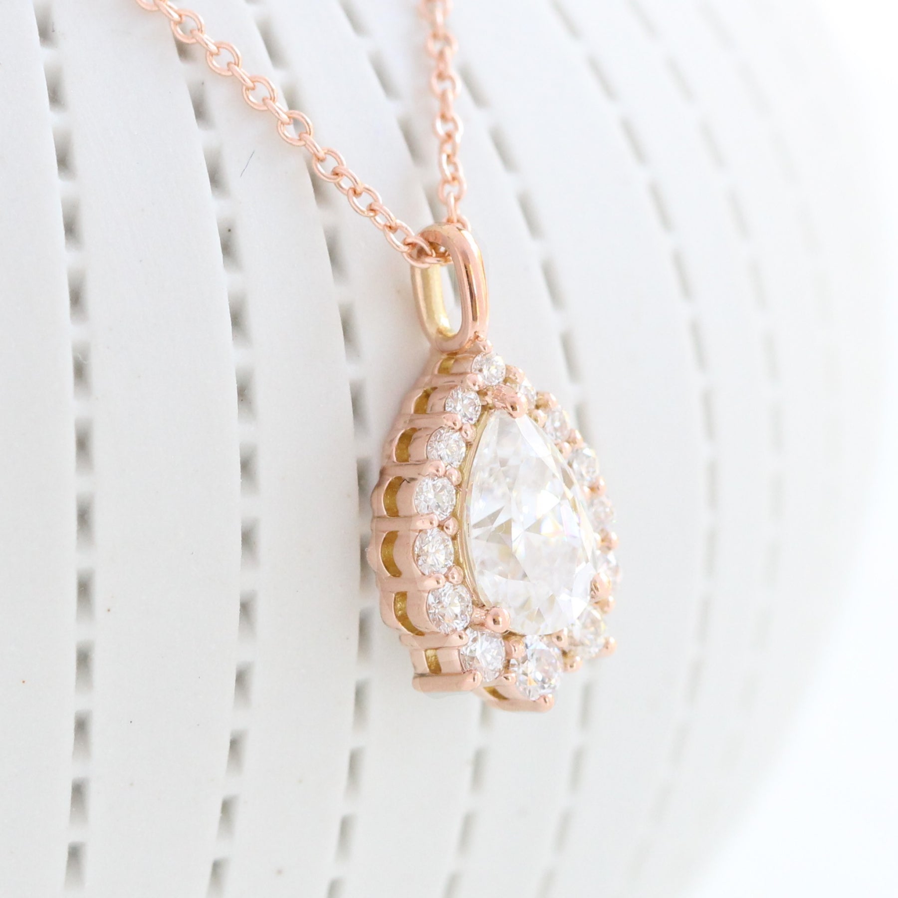 Tiara halo diamond pear moissanite pendant rose gold drop necklace la more design jewelry