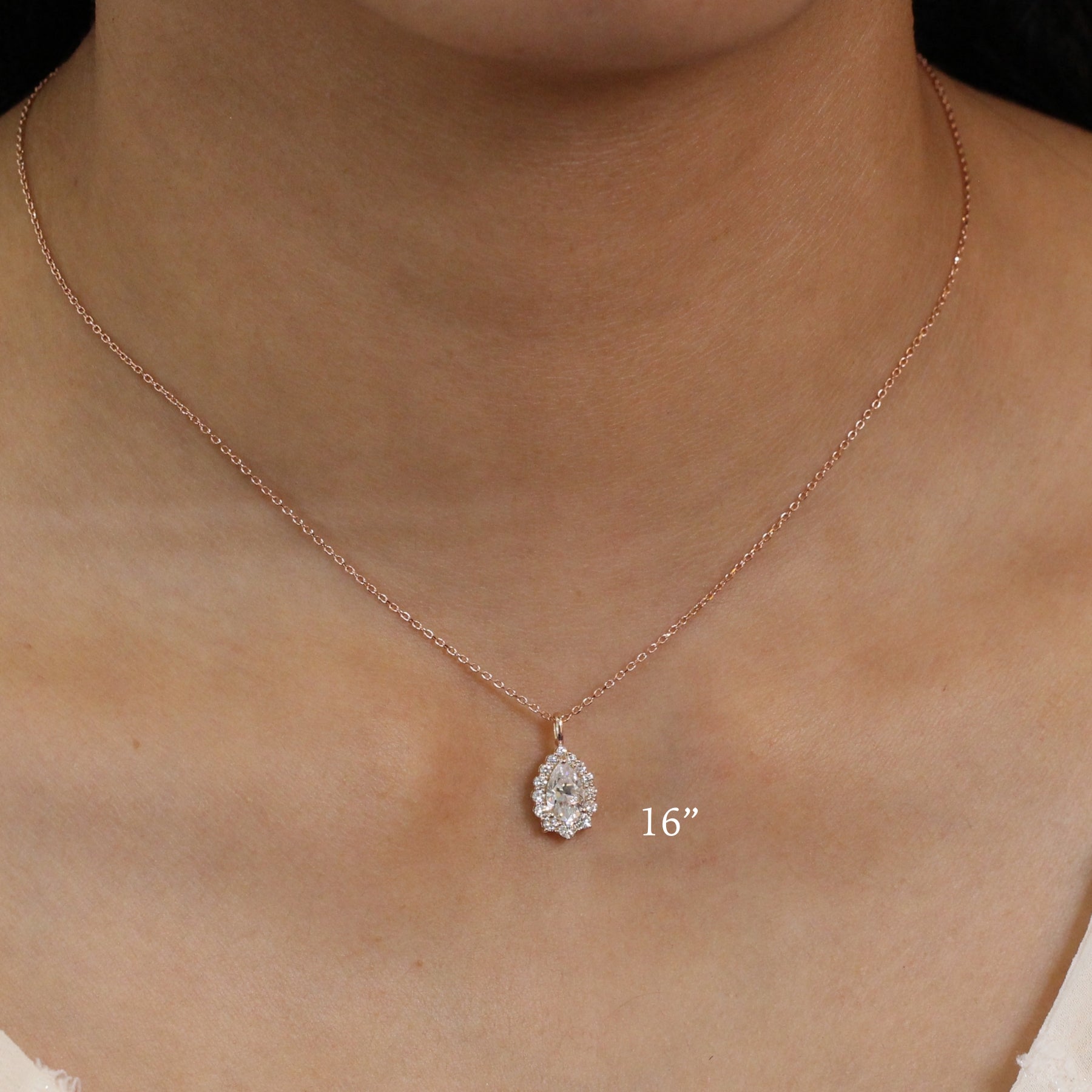 Halo Diamond Necklace Rose Gold Oval Moissanite Pendant Layering Chain 14K White Gold - Made to Order