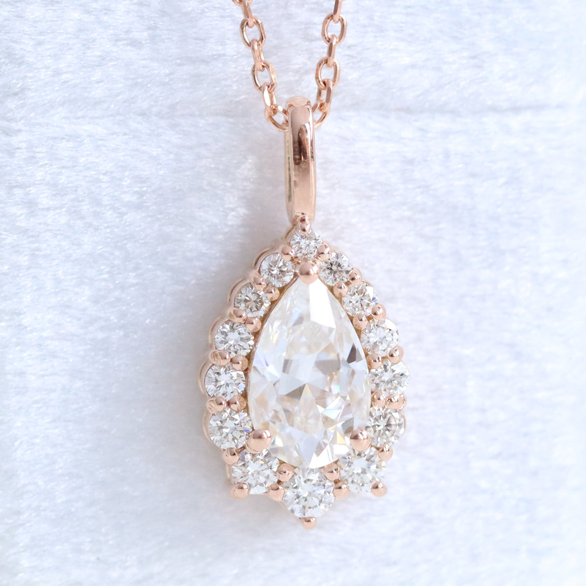 Tiara halo diamond pear moissanite pendant rose gold drop necklace la more design jewelry