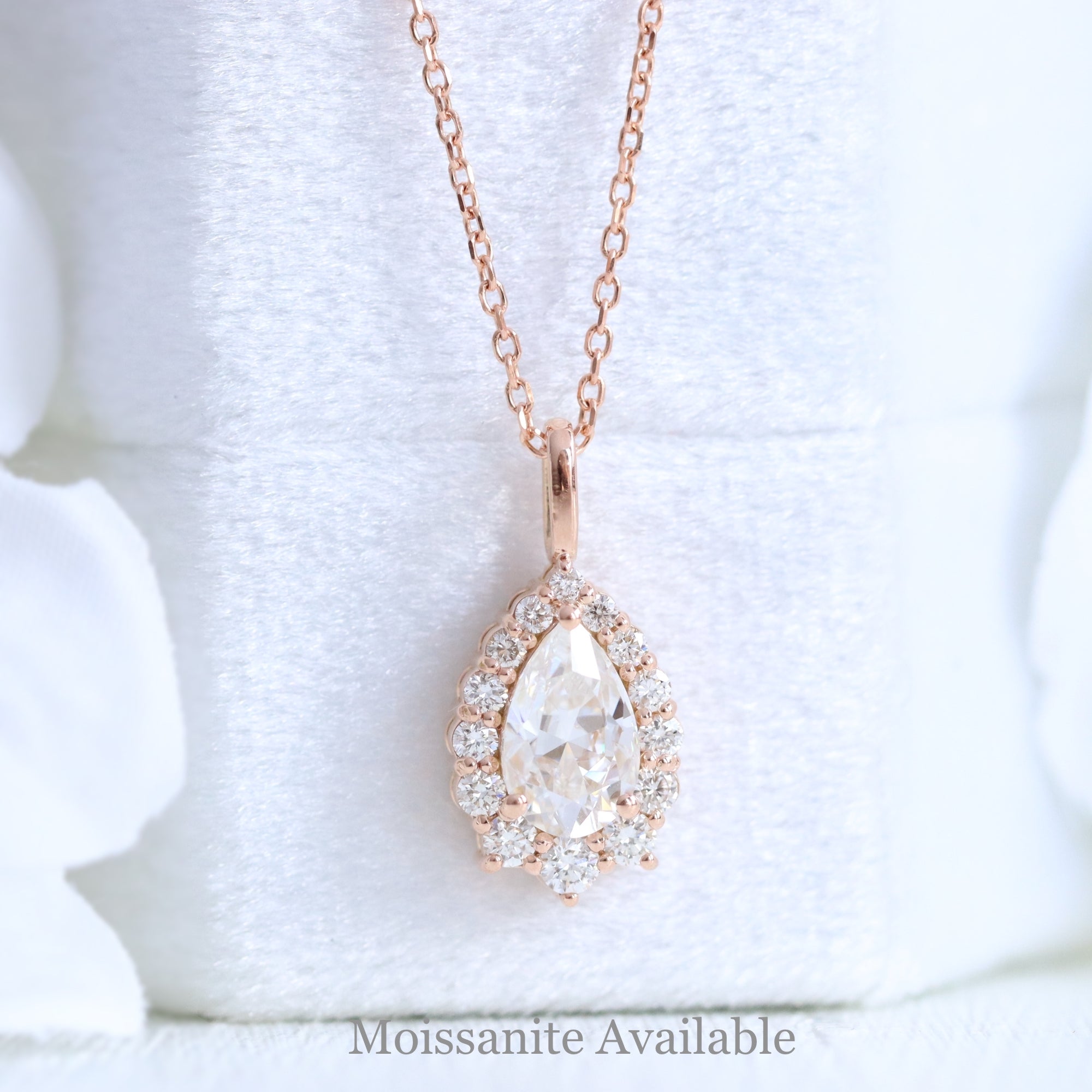 Tiara halo diamond pear moissanite pendant rose gold drop necklace la more design jewelry