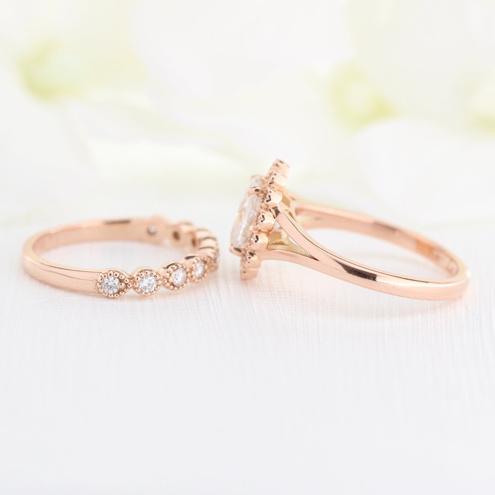 Oval Moissanite Ring and Diamond Wedding Band in Rose Gold Bridal Set ...