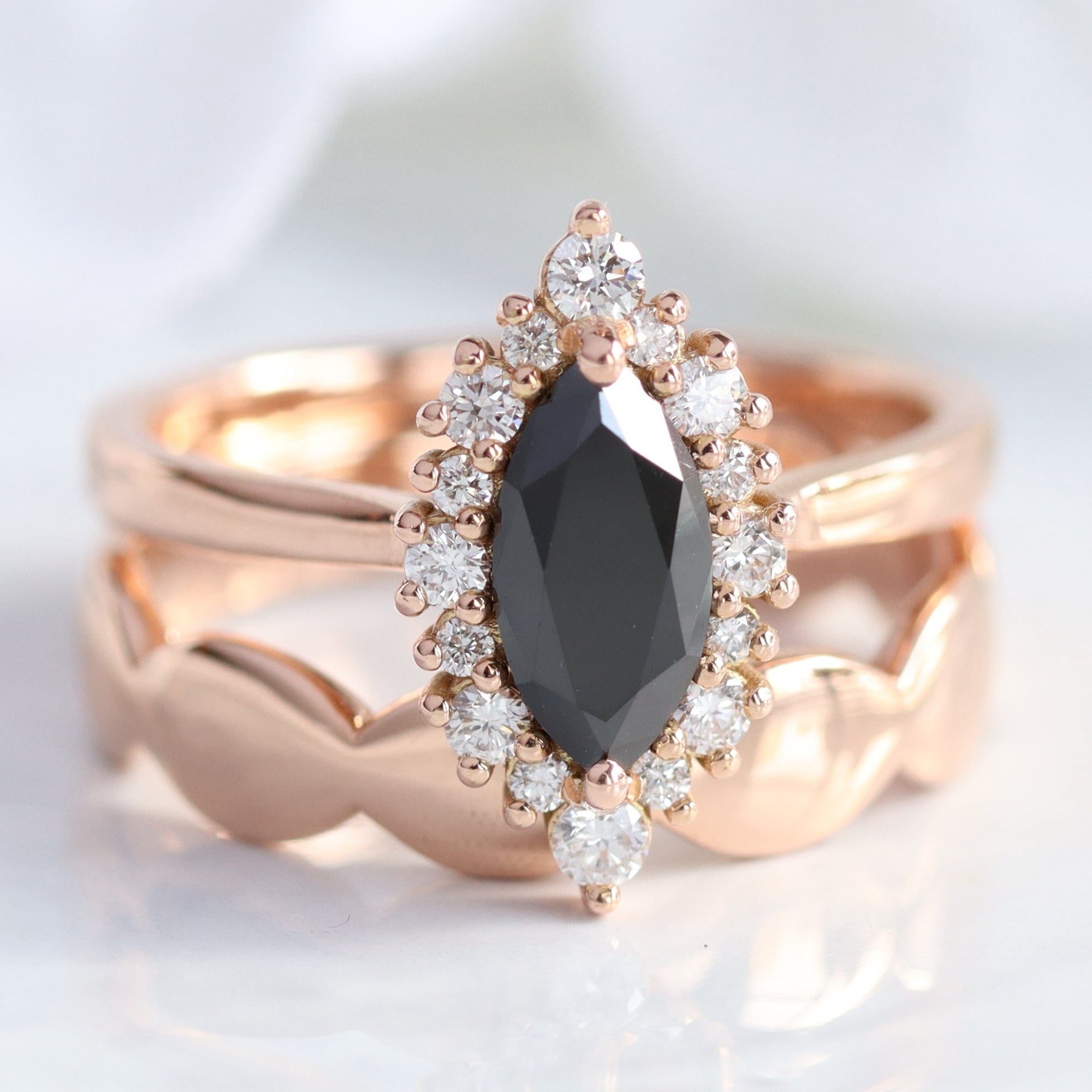 Unique marquise black diamond ring bridal set rose gold halo diamond engagement ring stack la more design jewelry