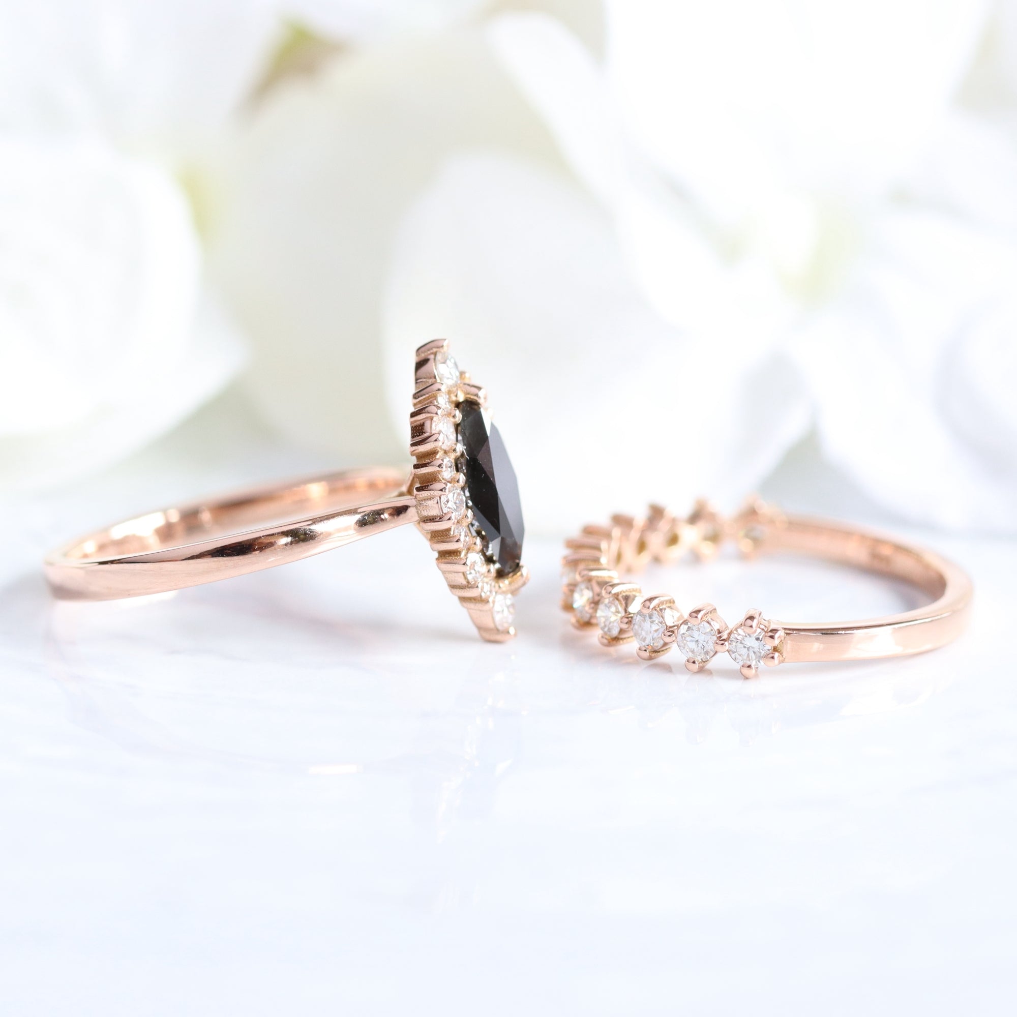 Unique marquise black diamond ring bridal set rose gold halo diamond engagement ring stack la more design jewelry