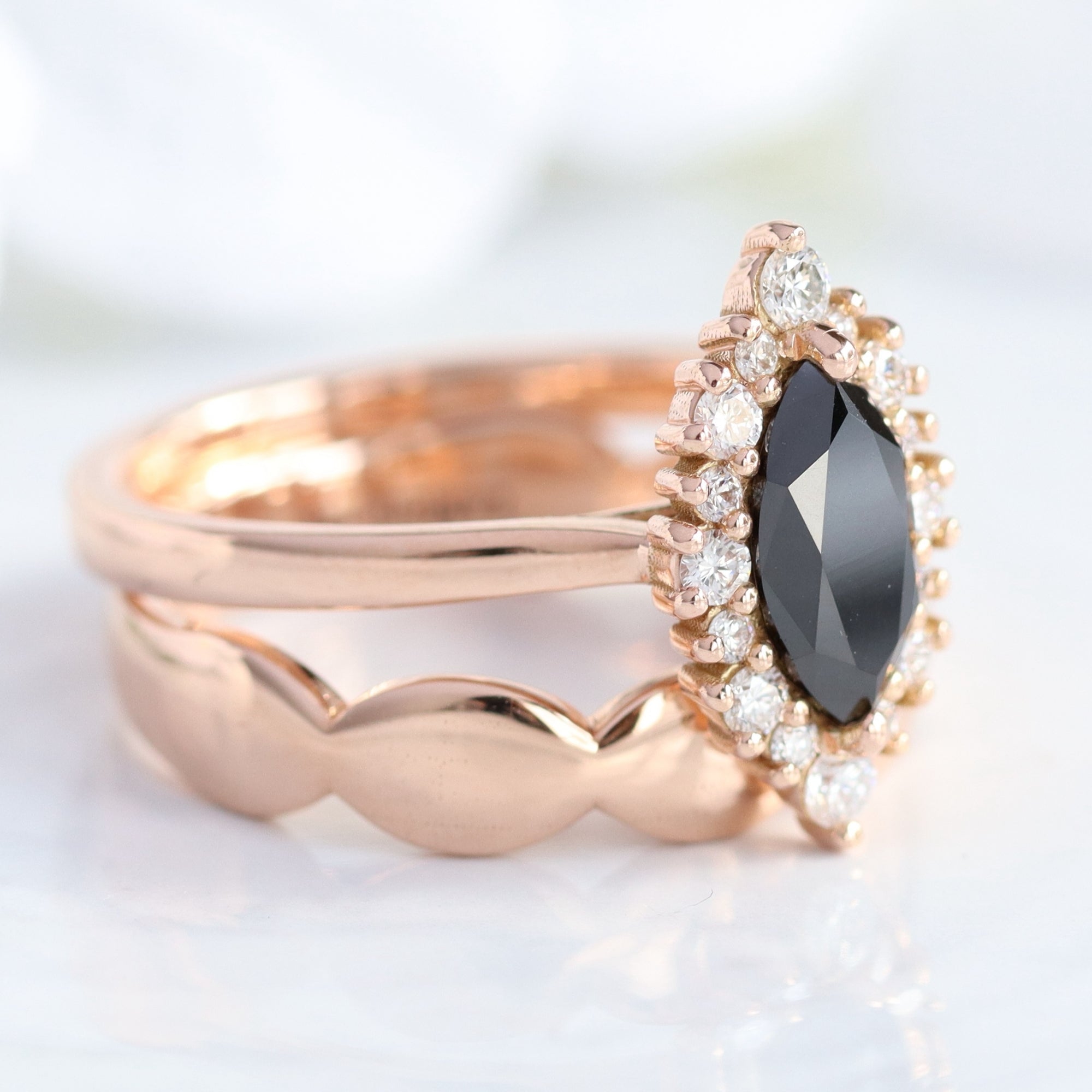 Unique marquise black diamond ring bridal set rose gold halo diamond engagement ring stack la more design jewelry