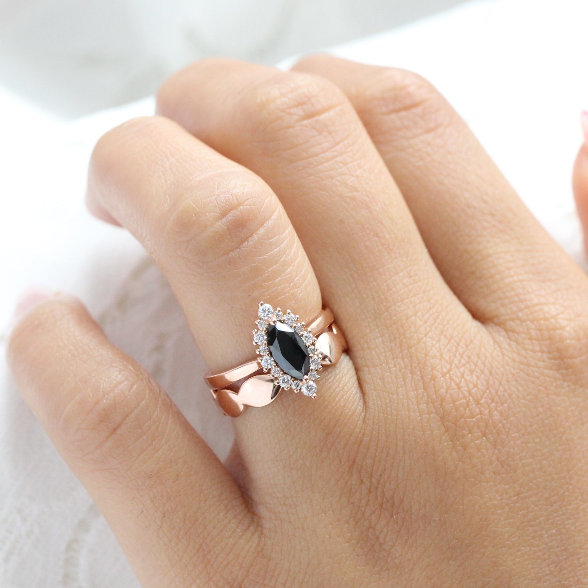 Unique marquise black diamond ring bridal set rose gold halo diamond engagement ring stack la more design jewelry