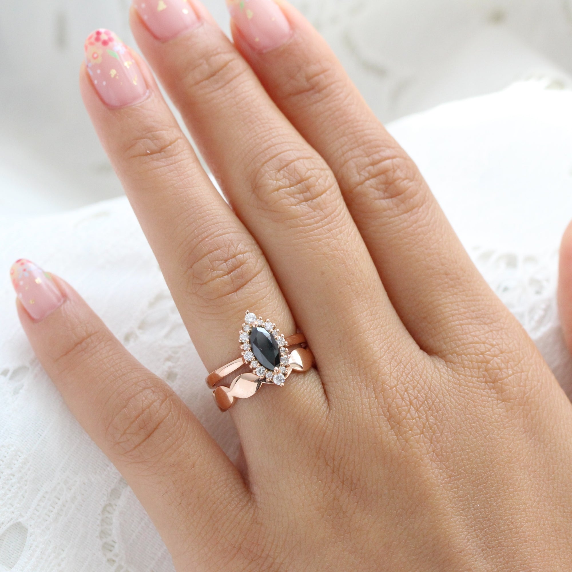 Unique marquise black diamond ring bridal set rose gold halo diamond engagement ring stack la more design jewelry
