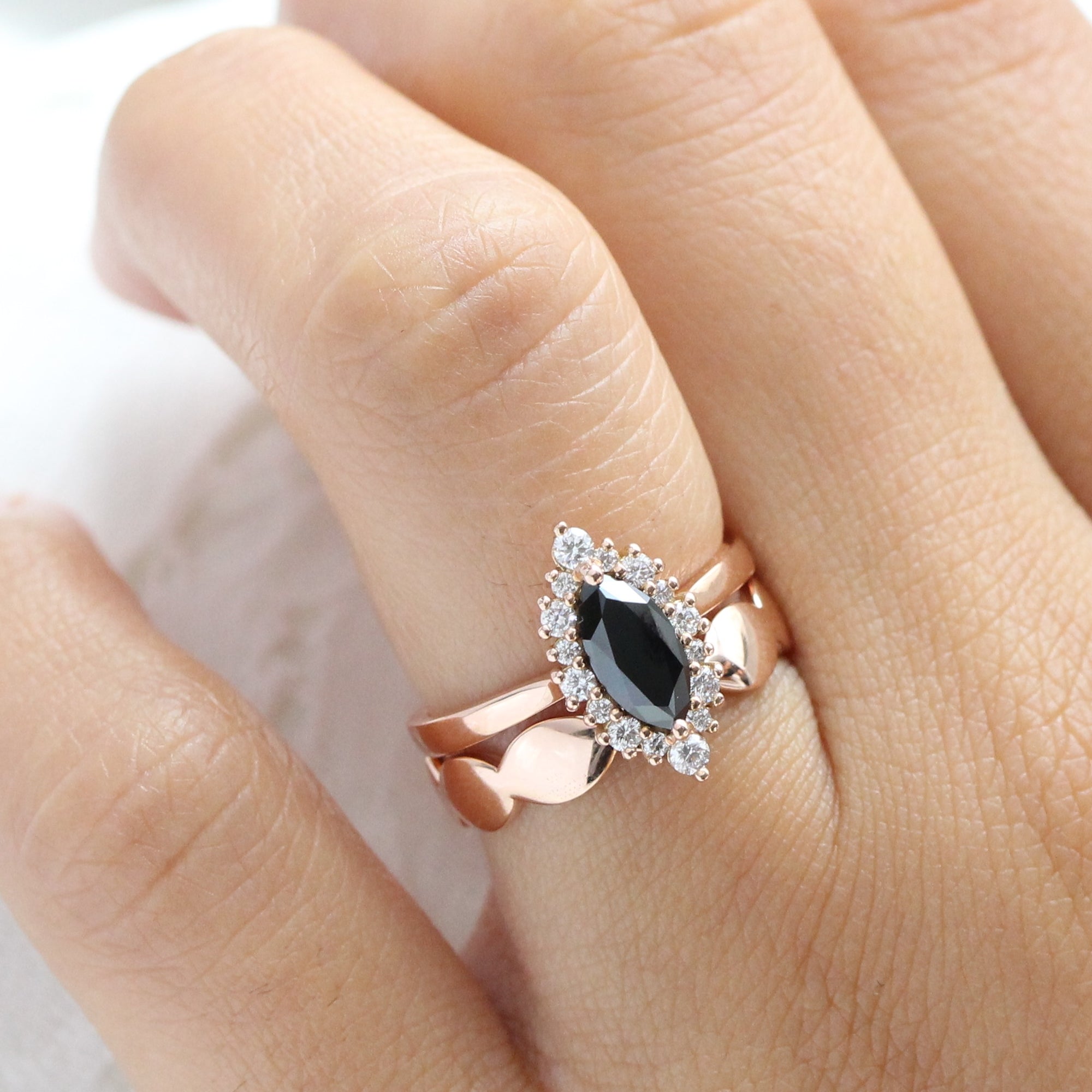 Unique marquise black diamond ring bridal set rose gold halo diamond engagement ring stack la more design jewelry