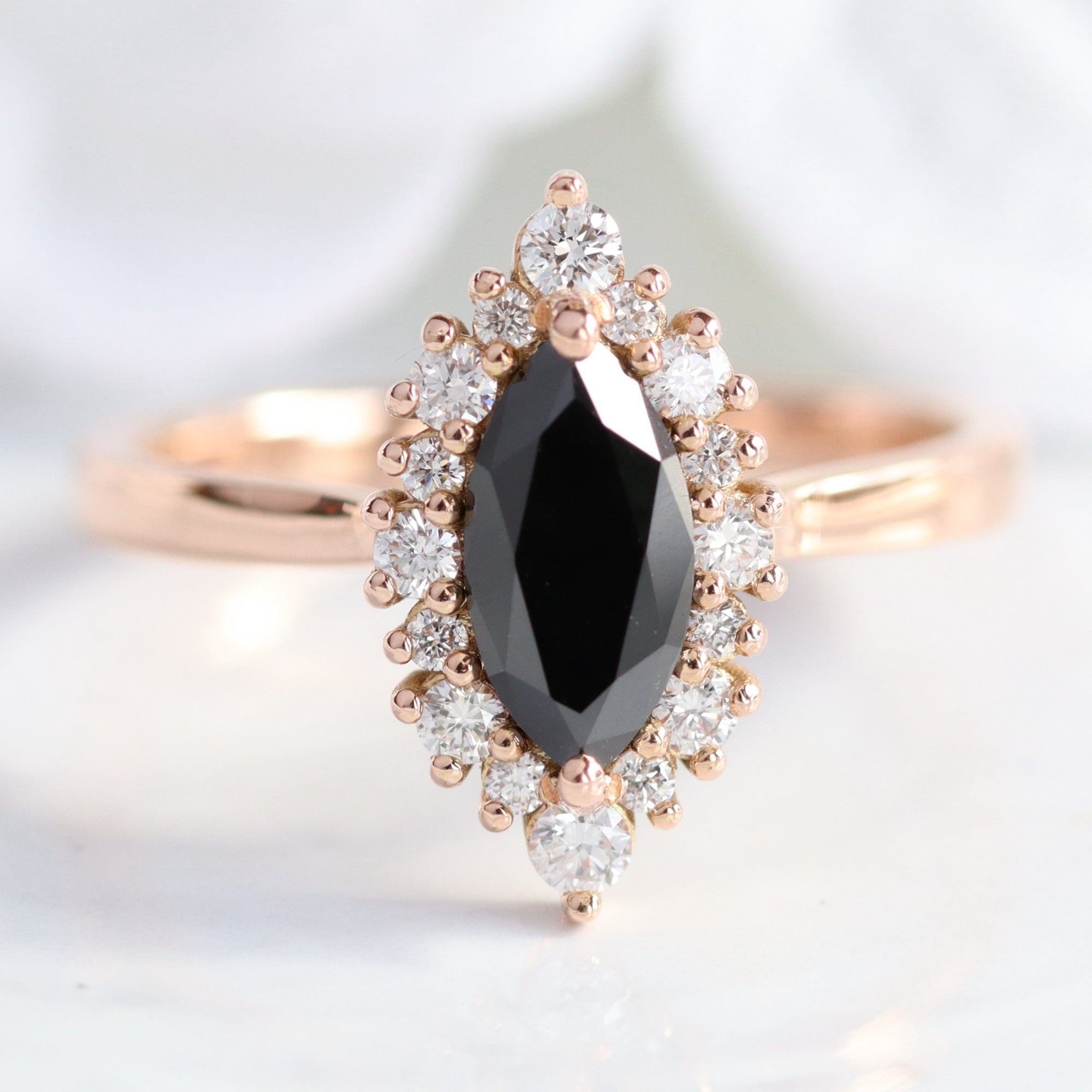 Unique marquise black diamond ring rose gold halo diamond engagement ring la more design jewelry