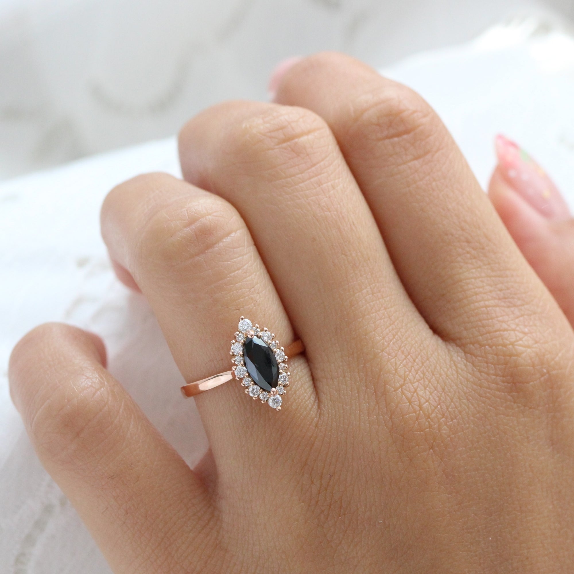 Unique marquise black diamond ring rose gold halo diamond engagement ring la more design jewelry
