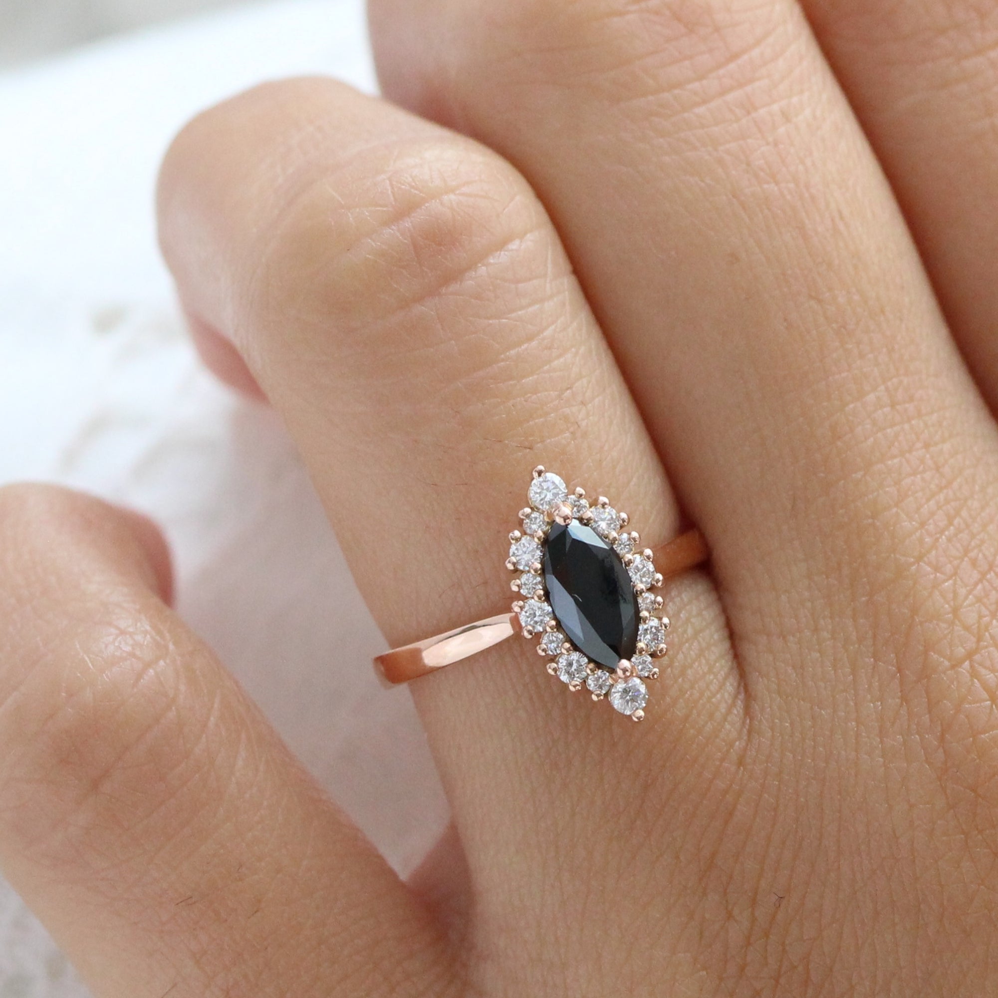 Unique marquise black diamond ring rose gold halo diamond engagement ring la more design jewelry