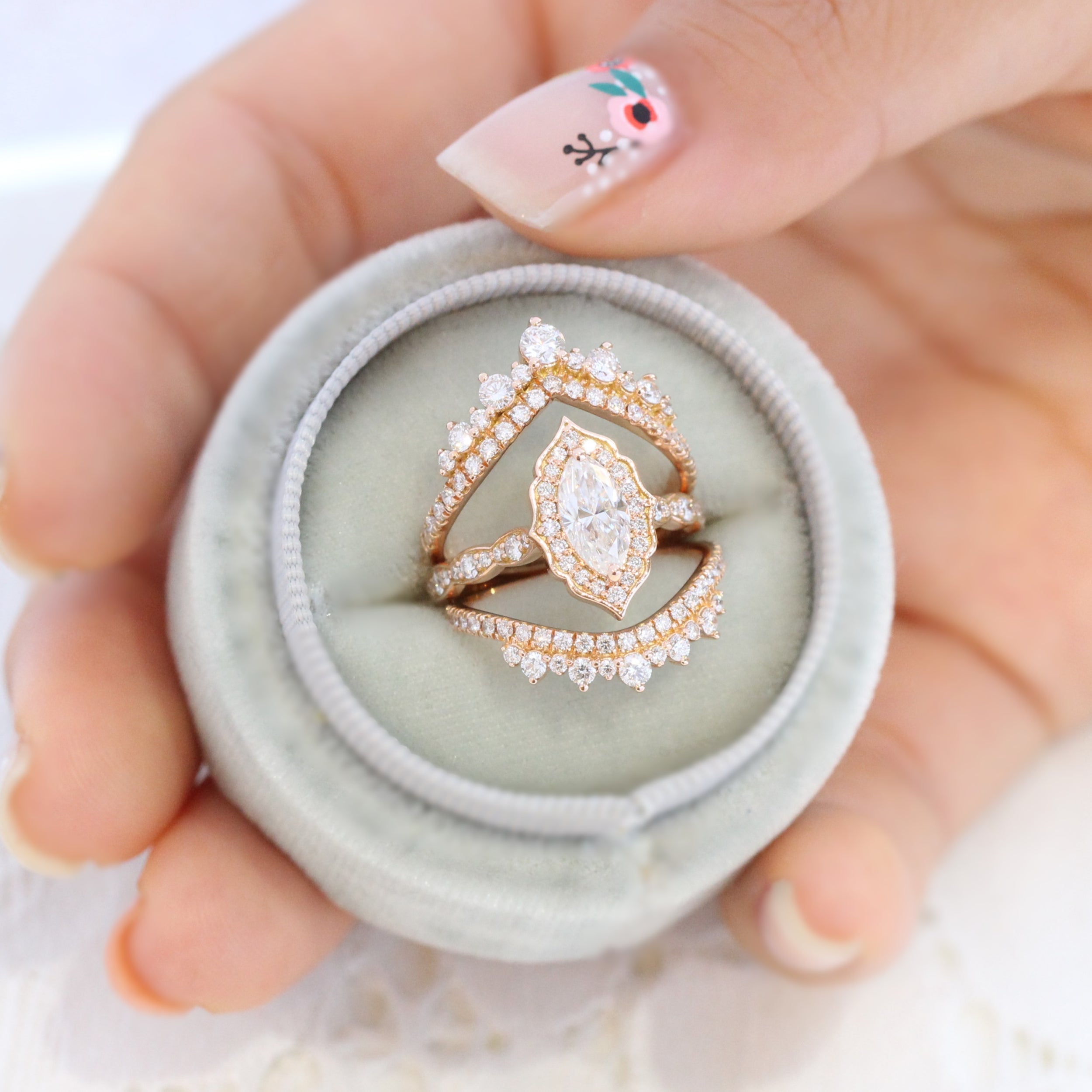 Kya: Intricate Wedding Ring with Trillion & Round Diamonds | Ken & Dana