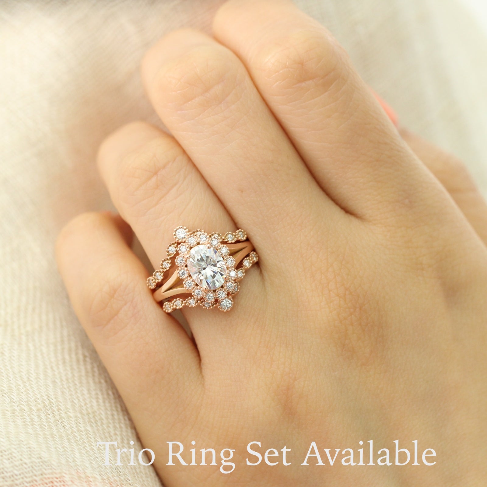 unique moissanite ring bridal set in rose gold vintage inspired diamond ring by la more design