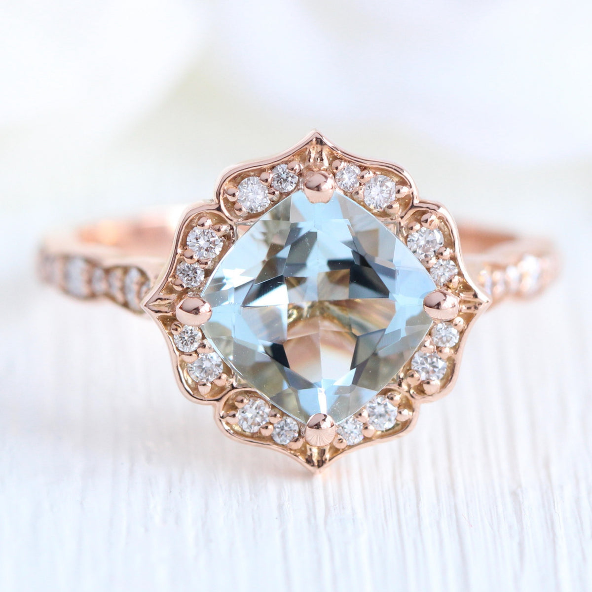 Vintage floral aquamarine diamond engagement ring rose gold by la more design jewelry