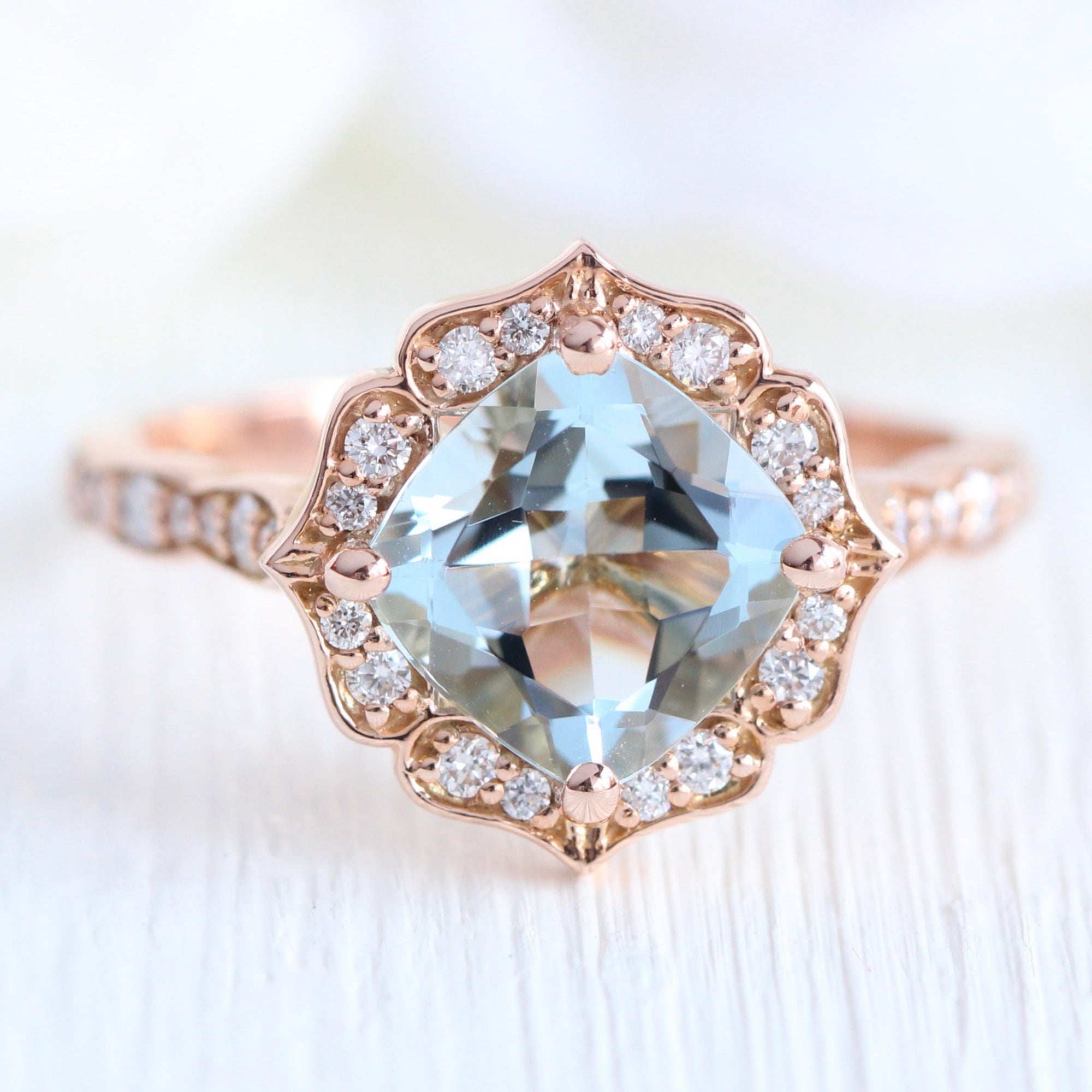Vintage floral aquamarine diamond engagement ring rose gold by la more design jewelry