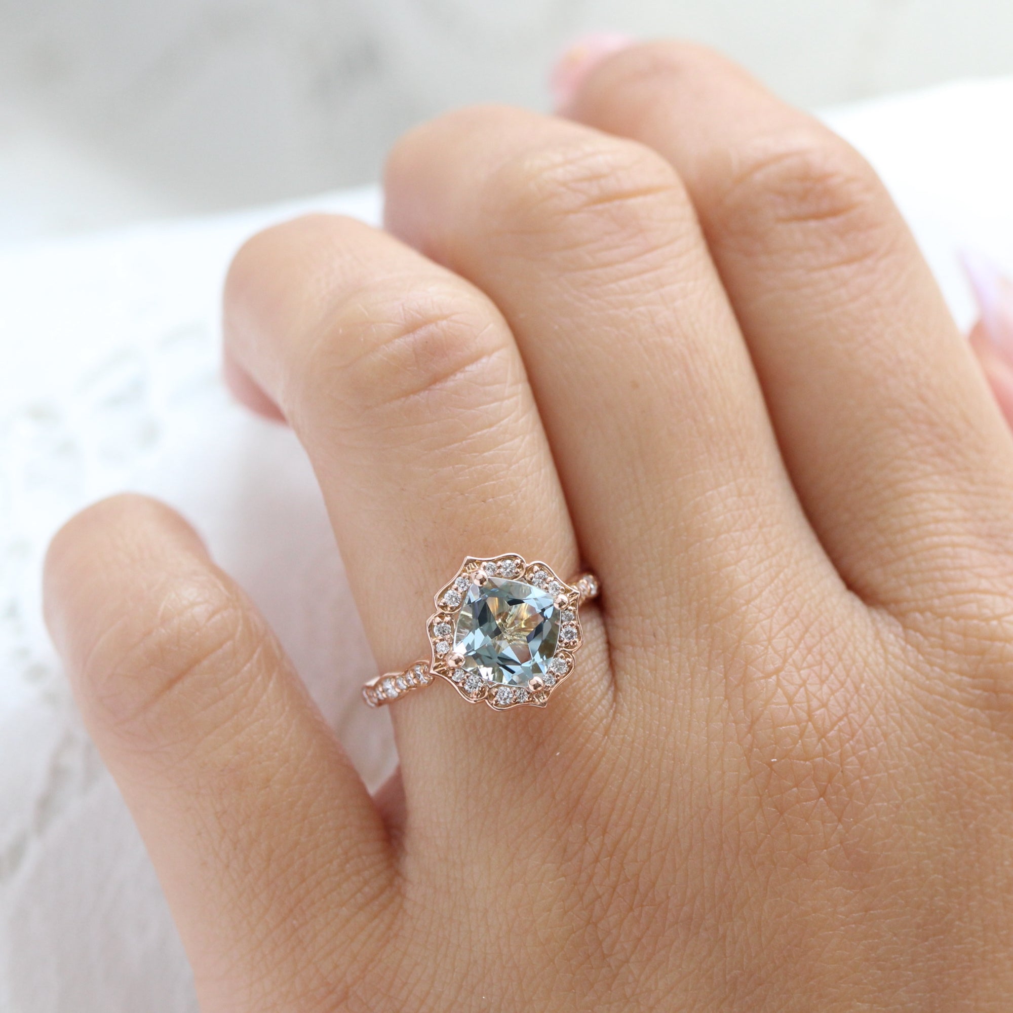 Vintage floral aquamarine diamond engagement ring rose gold by la more design jewelry
