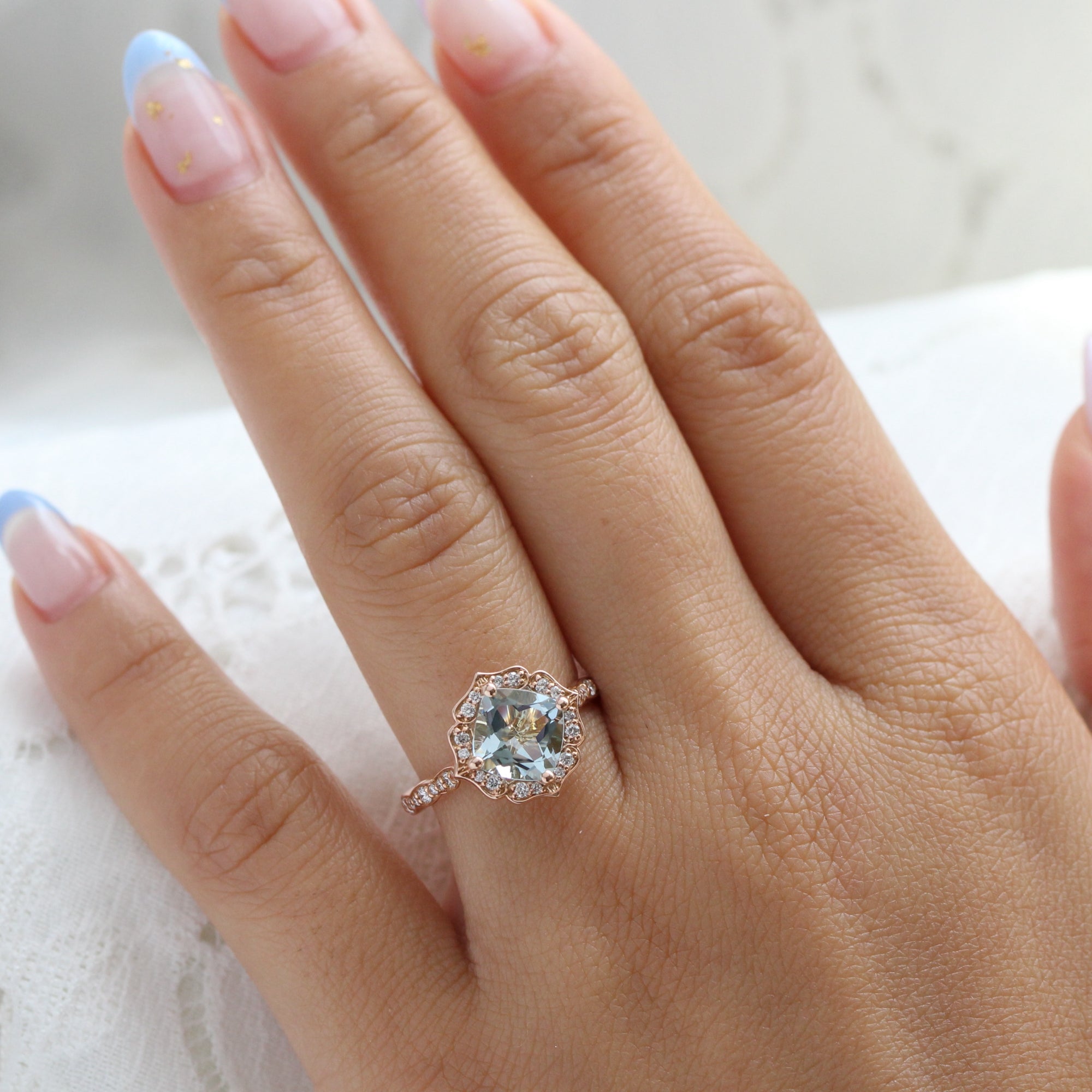 Vintage floral aquamarine diamond engagement ring rose gold by la more design jewelry