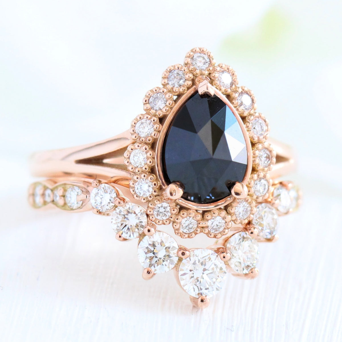 Vintage halo black diamond engagement ring rose gold large 7 diamond u wedding band la more design jewelry