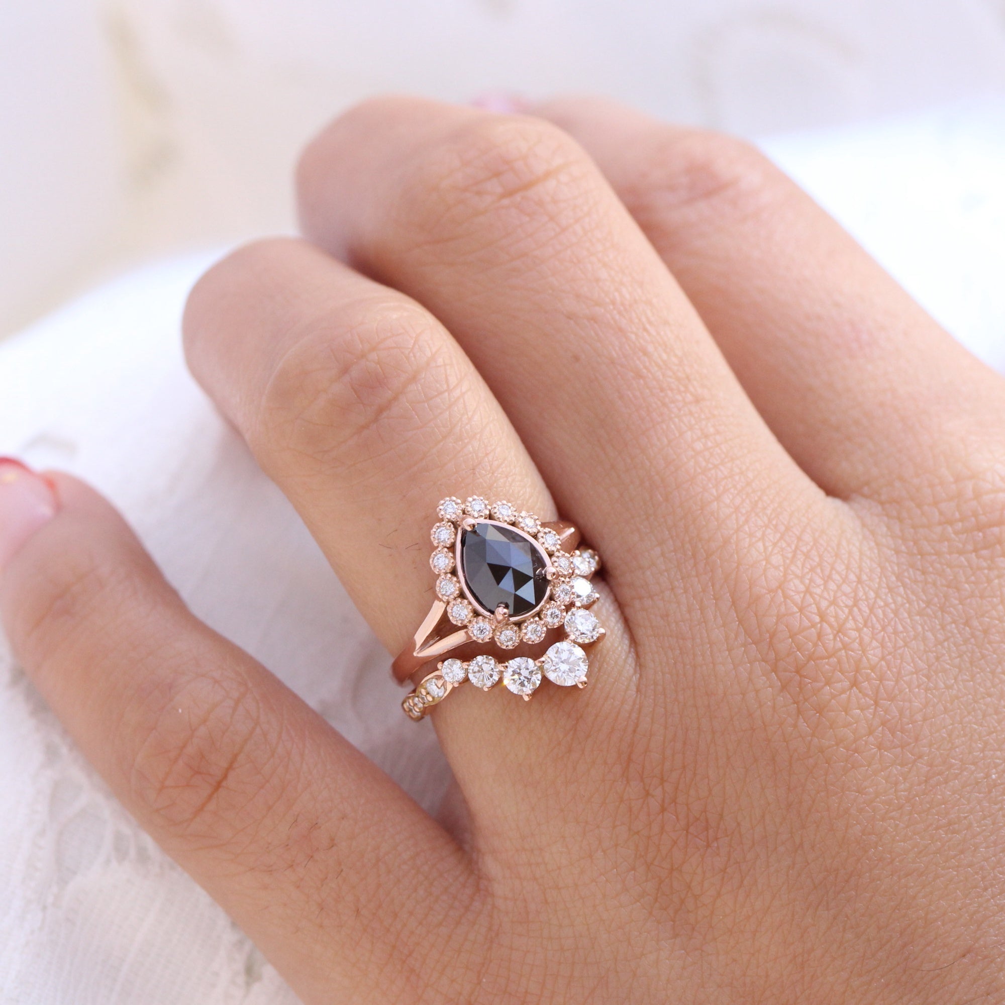 Vintage halo black diamond engagement ring rose gold large 7 diamond u wedding band la more design jewelry