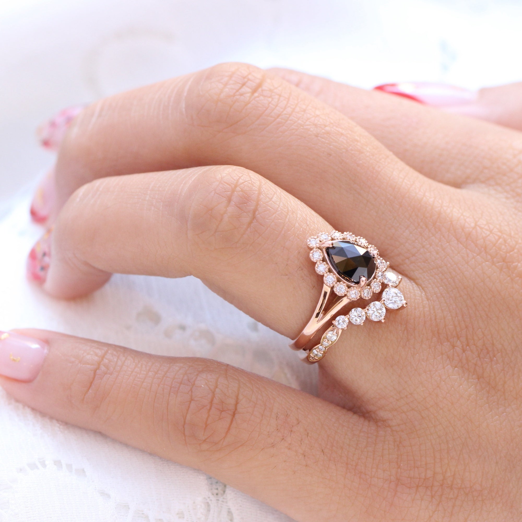 Vintage halo black diamond engagement ring rose gold large 7 diamond u wedding band la more design jewelry