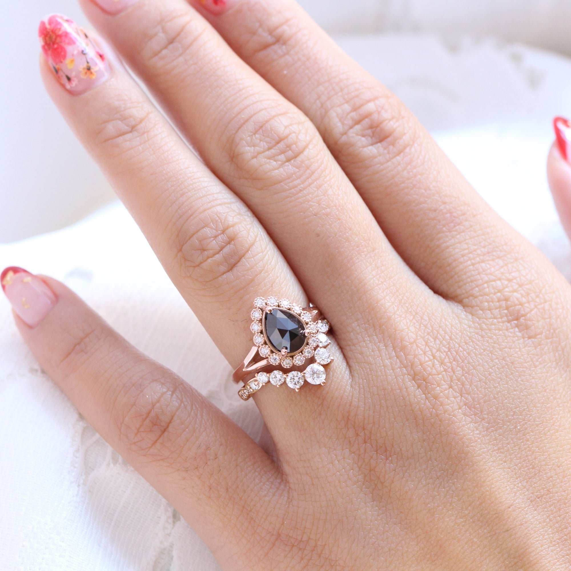 Vintage halo black diamond engagement ring rose gold large 7 diamond u wedding band la more design jewelry