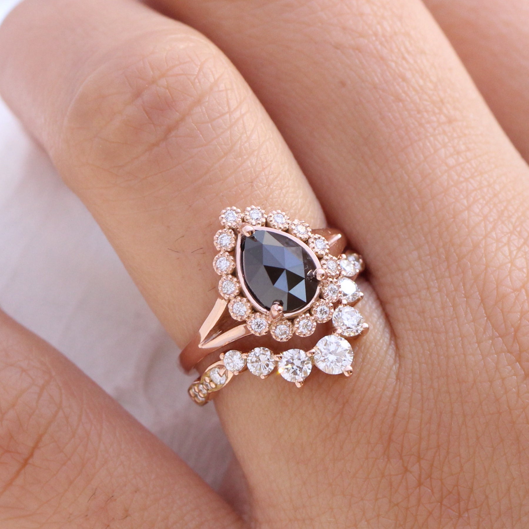 Vintage halo black diamond engagement ring rose gold large 7 diamond u wedding band la more design jewelry