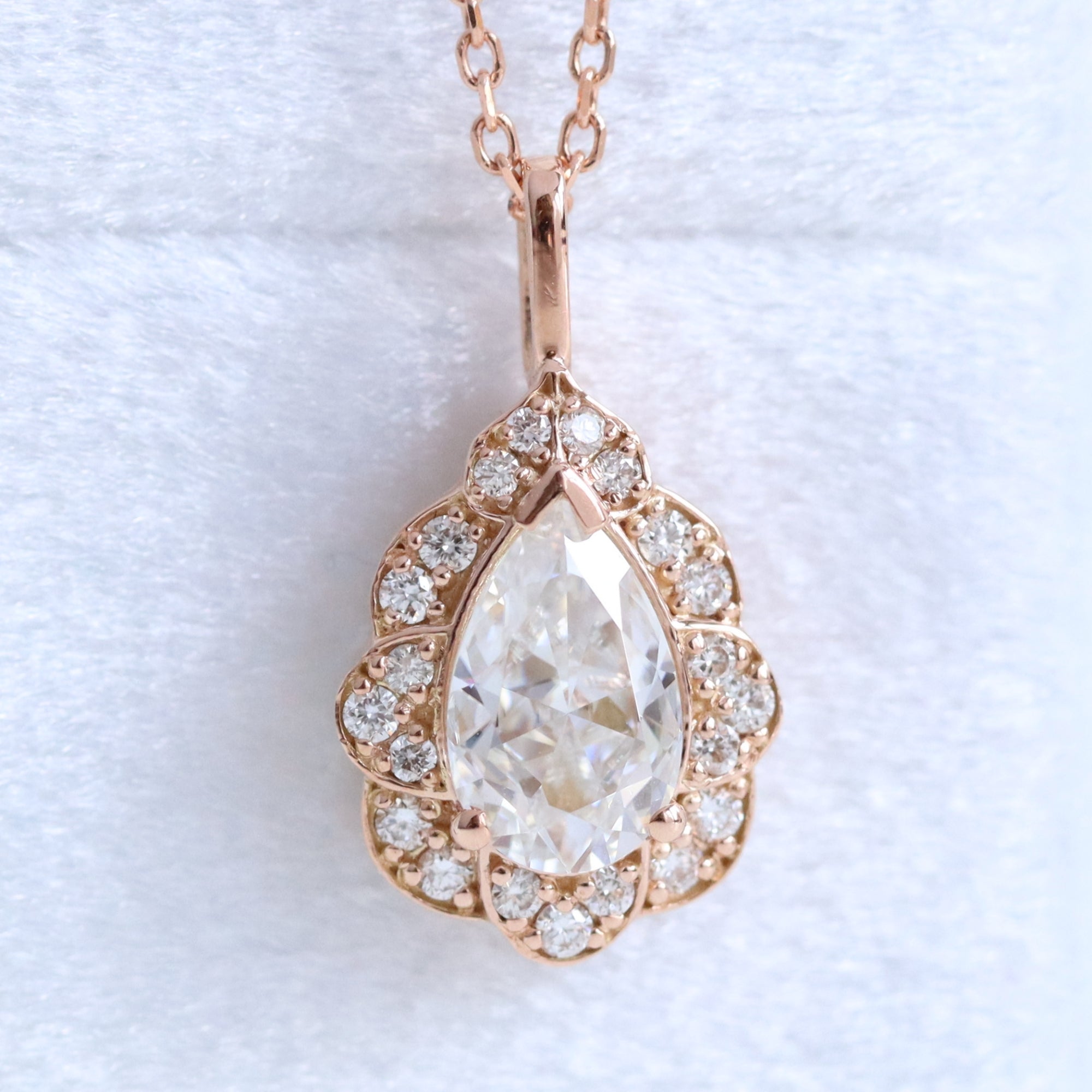 Vintage halo diamond Pear Moissanite pendant rose gold drop necklace la more design jewelry