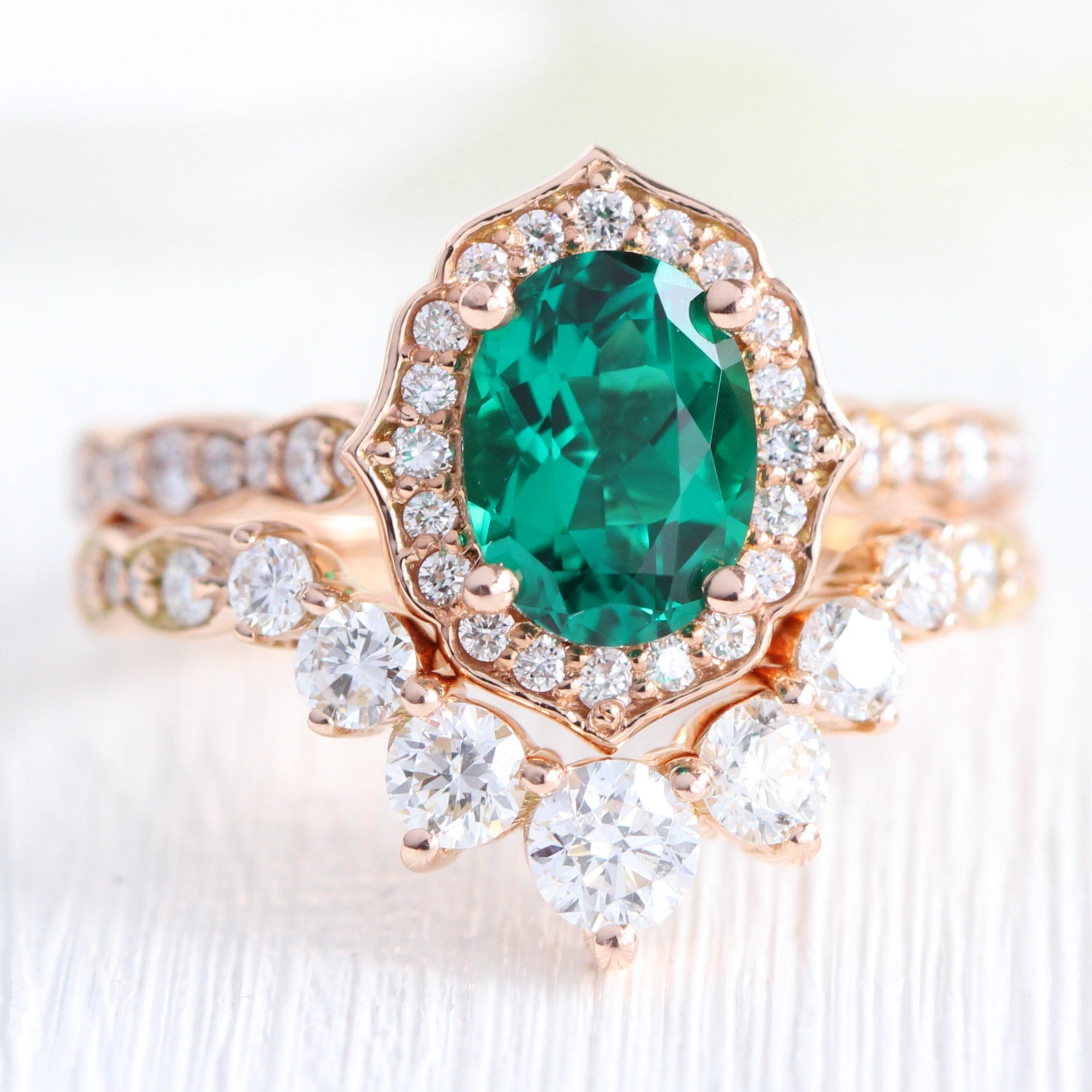 Vintage halo diamond emerald engagement ring and large 7 diamond u wedding band la more design jewelry