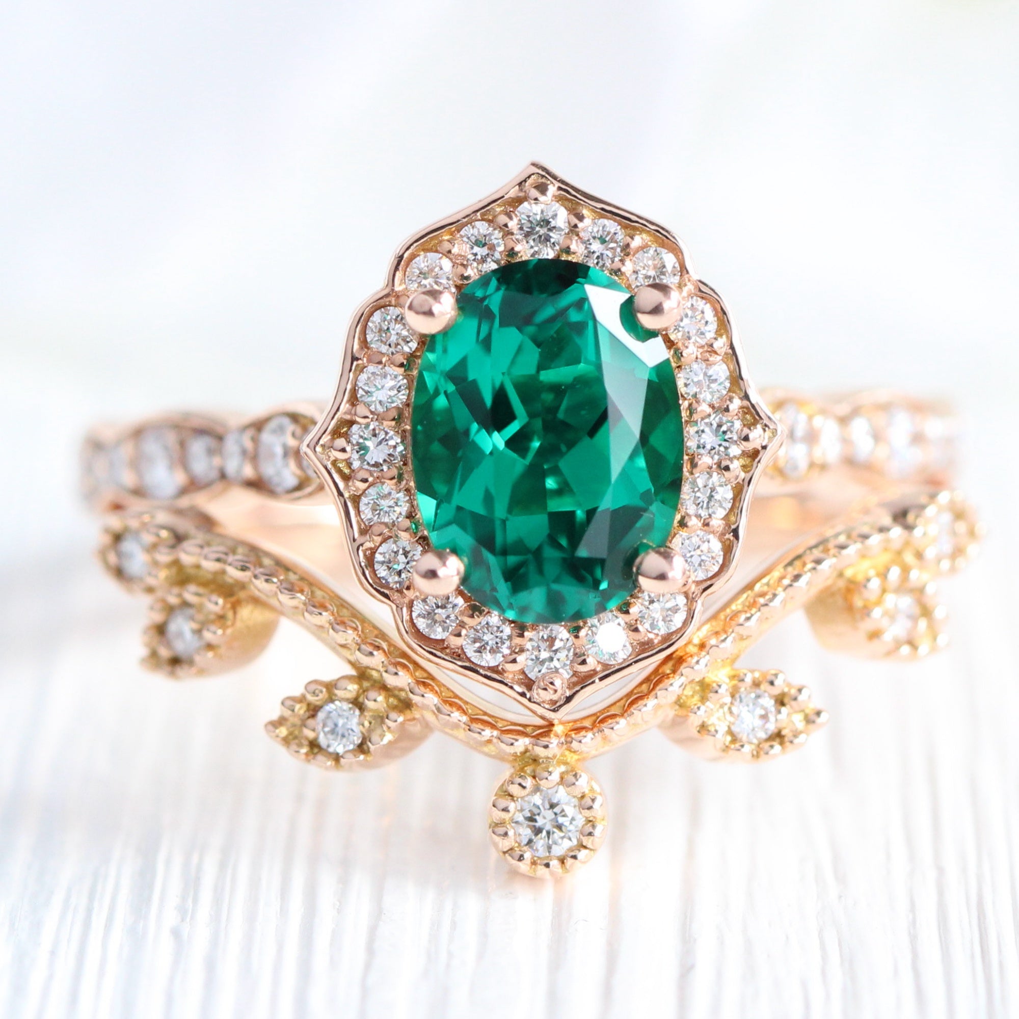 Vintage halo diamond emerald ring stack rose gold curved leaf band la more design jewelry