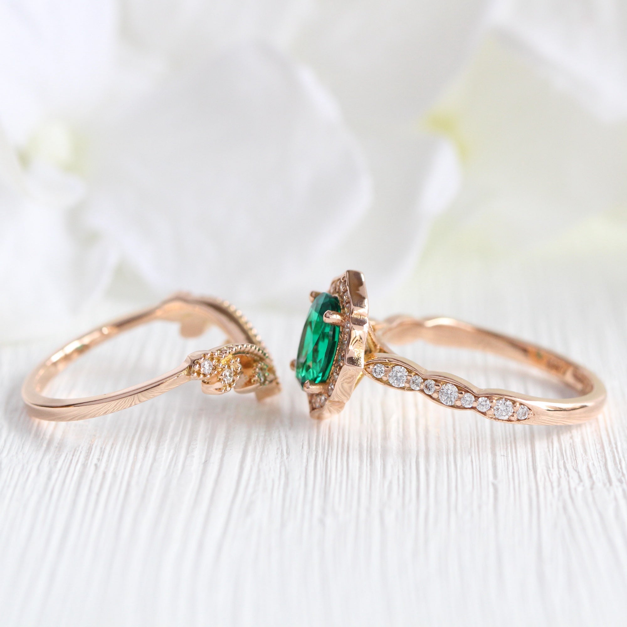 Vintage halo diamond emerald ring stack rose gold curved leaf band la more design jewelry