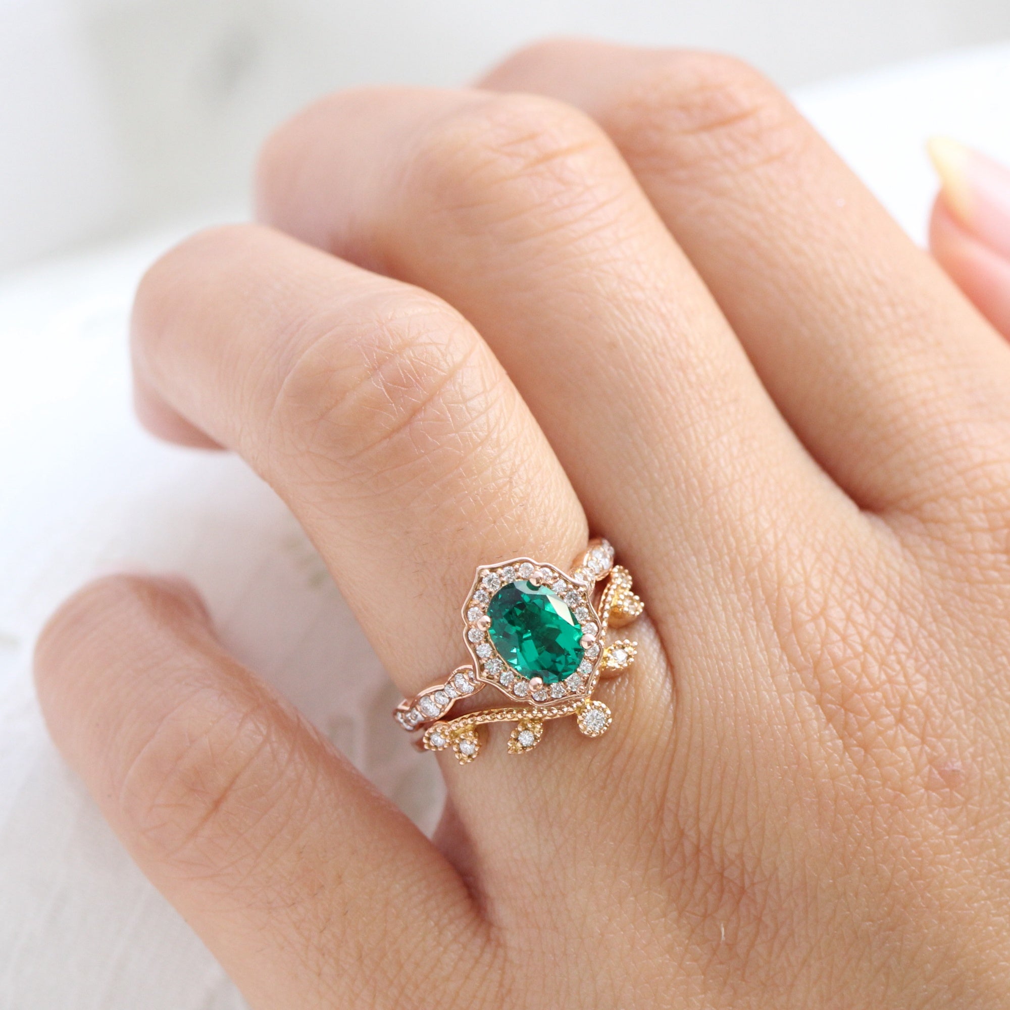 Vintage halo diamond emerald ring stack rose gold curved leaf band la more design jewelry